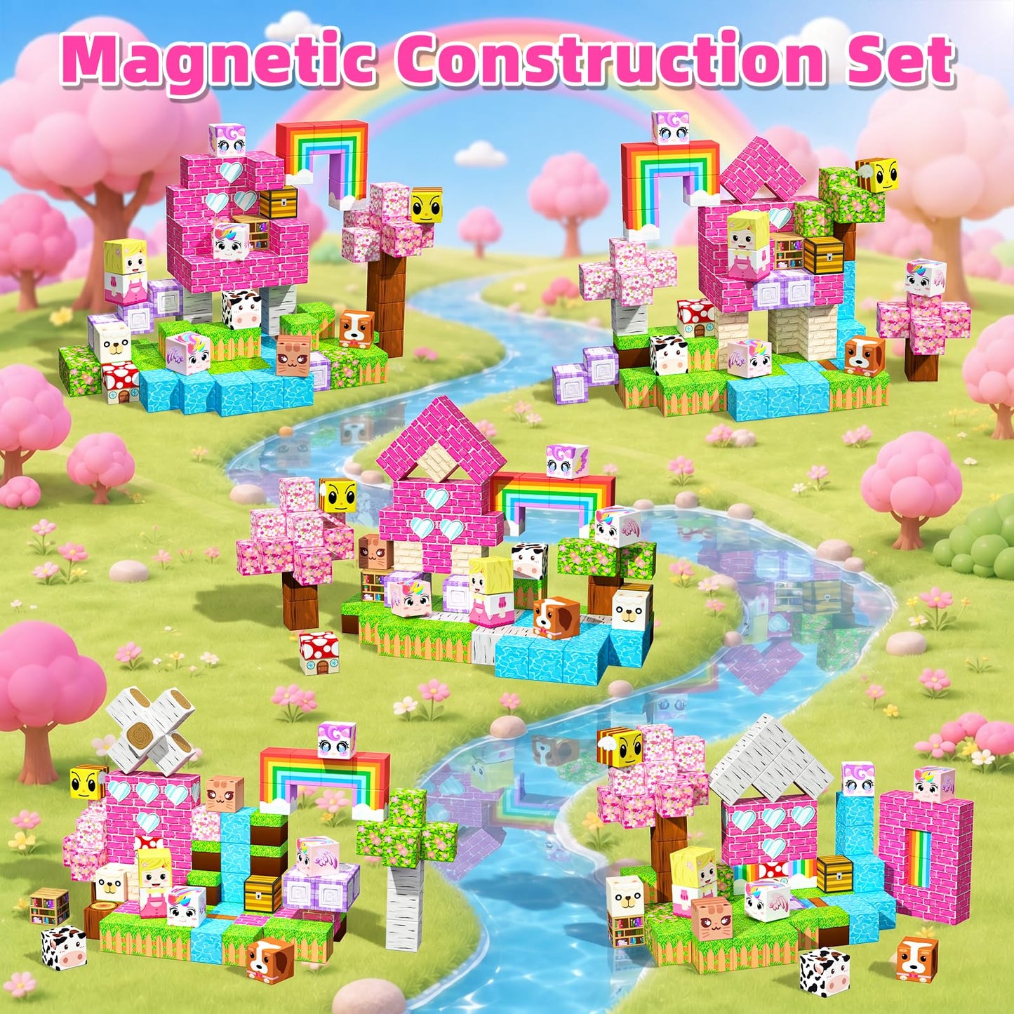 100PCS Magnetic Blocks, Magnetic Building Cube Set for Kids Ages 3+, Constructions STEM Stacking Tiles Toy Building Birthday Gifts for Girls