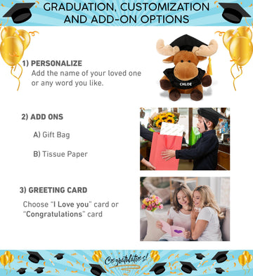 DolliBu Moose Graduation Plush Toy - Soft Huggable Graduation Stuffed Animal Dress Up with Gown and Cap with Tassel Outfit with Personalization - 6
