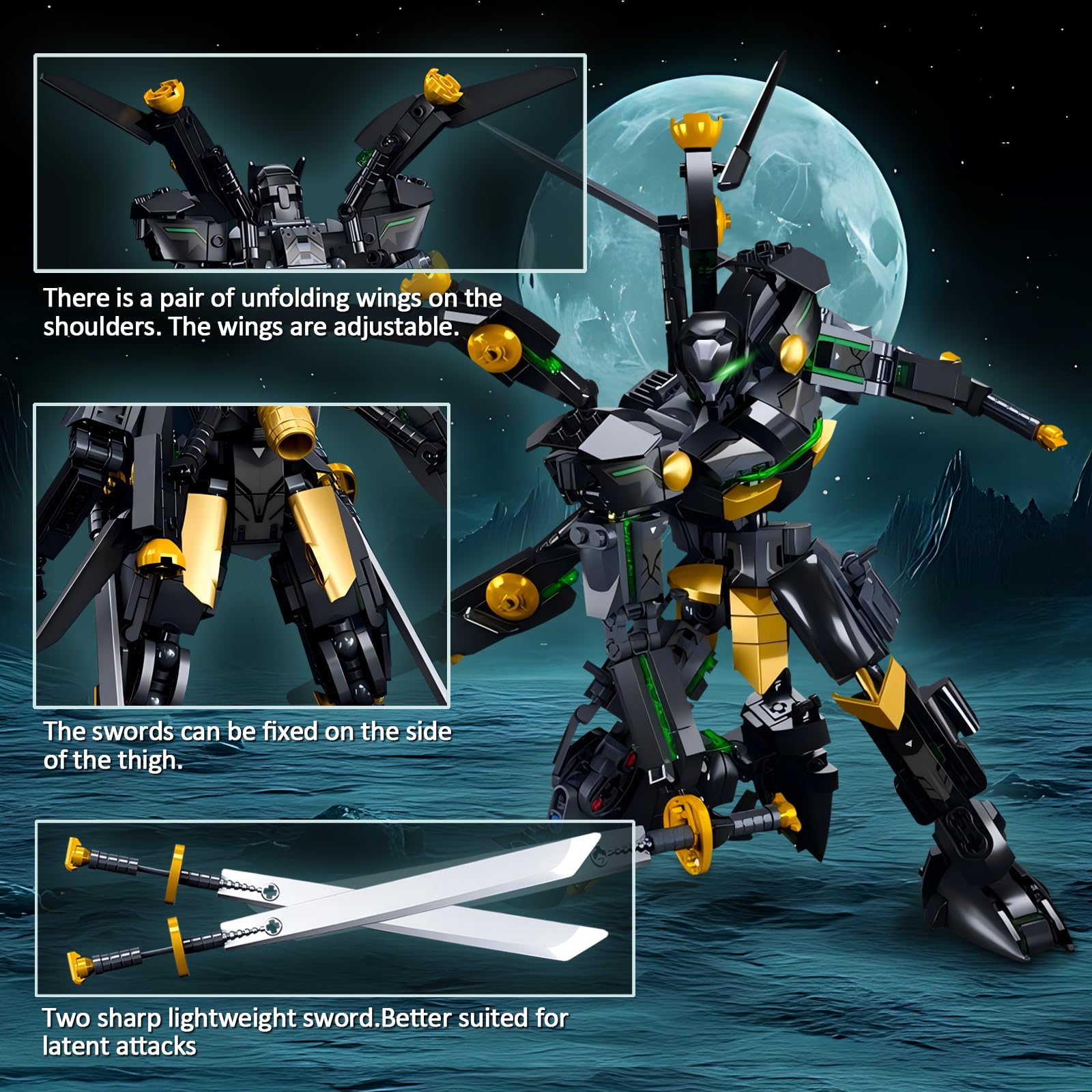 HIGH GODO Black Bat Mech Building Blocks Set for Adults, Robot Model Building Kit with Wings and Swords Weapons, 534 Pieces Creative Collectible Gift