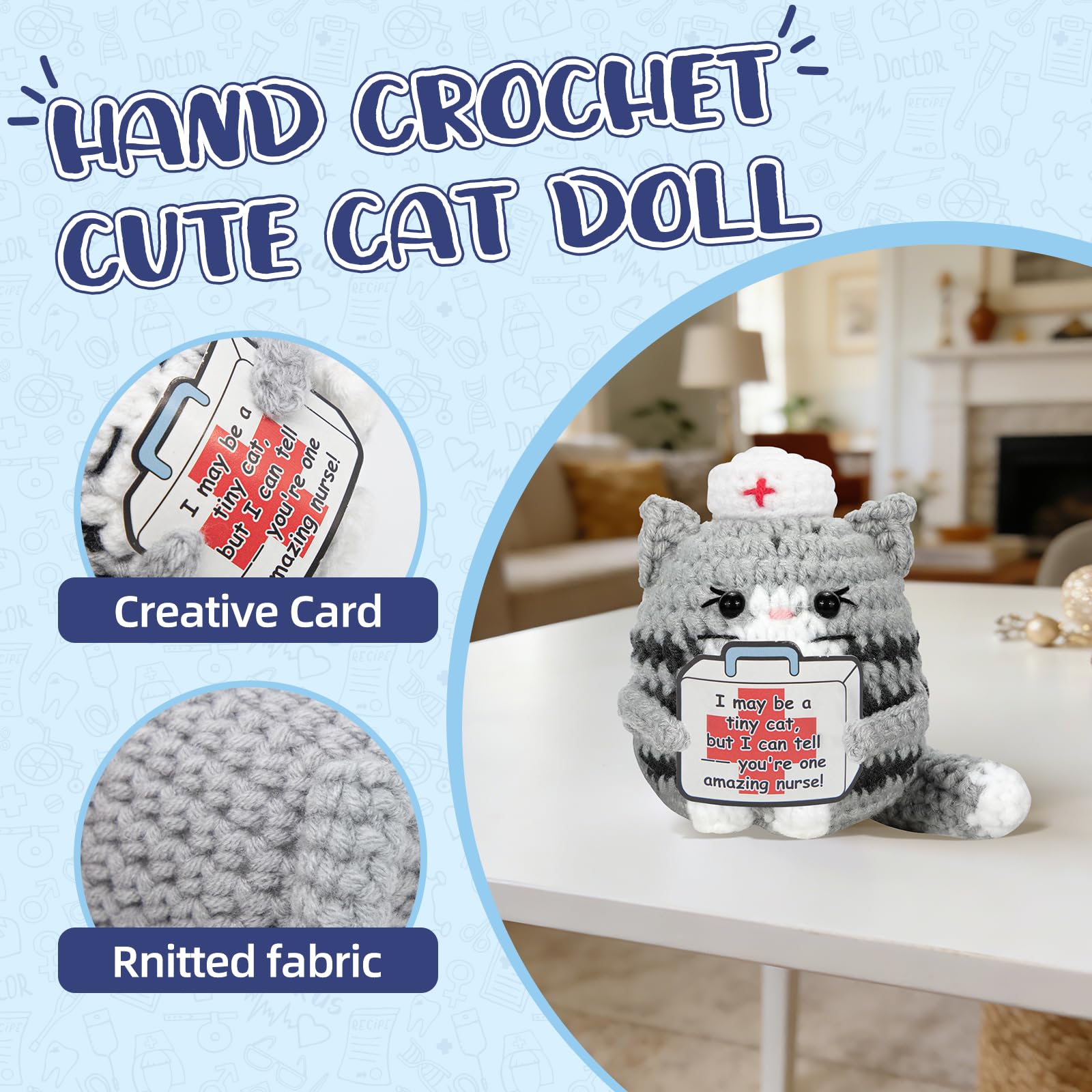 Funny Nurse Week Gifts for Women - 2026 Positive Crochet Cat with Nurse Badge Reel - Animals Emotional Appreciation Gifts for RN Registered