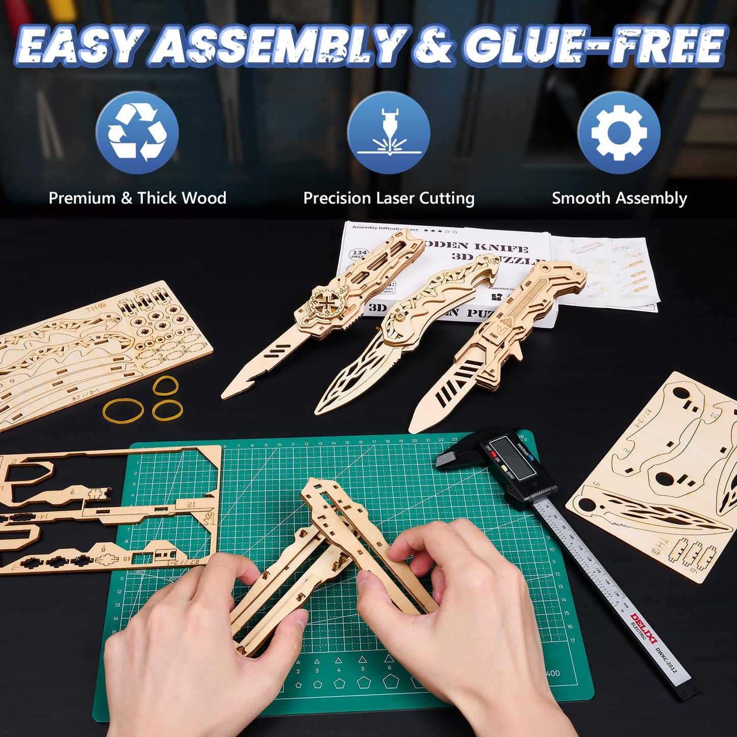 Uplike 3D Wooden Puzzle for Adults: 3-in-1 DIY Wooden Puzzles Knife Kit - 134 Pcs Brain Teaser Mechanical Model Building Toy for Adult Hobby - Wooden