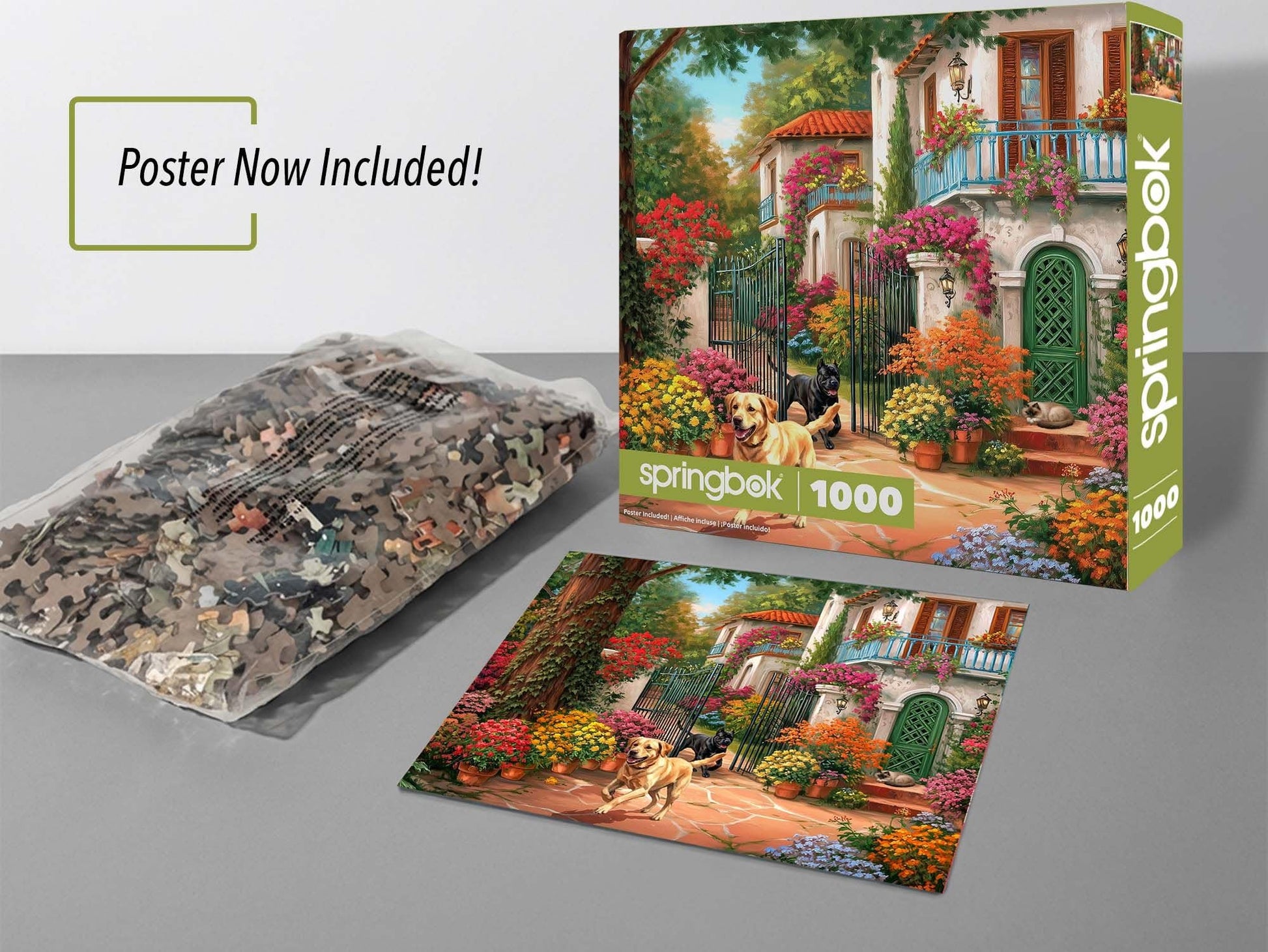 Springbok Garden Gate Welcome 1000 Piece Jigsaw Puzzle for Adults - Mediterranean Villa & Blooming Garden Scene - Poster Included - Unique Cut Pieces