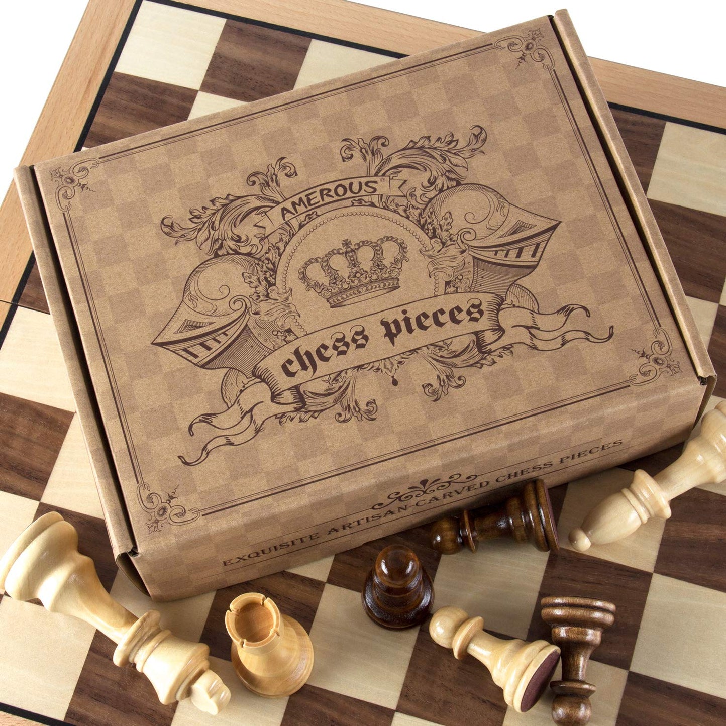 AMEROUS Chess Pieces Only, Wooden Hand Carved Tournament Chessmen with 4.12" Inches King, 2 Storage Bags for Chess Board Game, Replacement of Missing