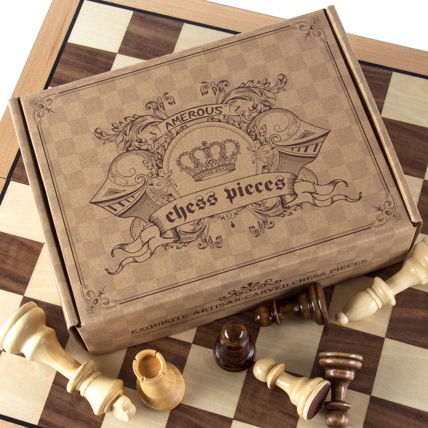 AMEROUS Chess Pieces Only, Wooden Hand Carved Tournament Chessmen with 4.12" Inches King, 2 Storage Bags for Chess Board Game, Replacement of Missing