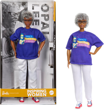 Barbie Inspiring Women Doll, Opal Lee Collectible in Blue “Opal’s Walk for Freedom” T-Shirt, White Pants and Glasses, Doll Stand and Displayable