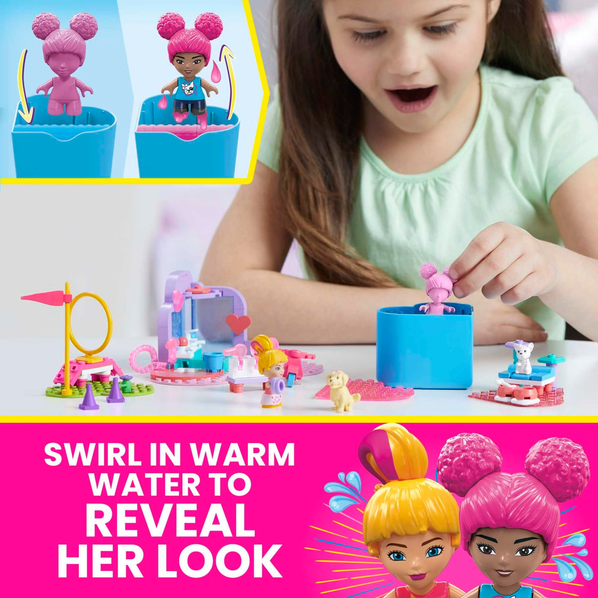 MEGA Barbie Color Reveal Kids Building Toy Set, Train 'n Wash Pets with 152 Pieces, 2 Micro-Dolls and Accessories, Ages 5+ Years