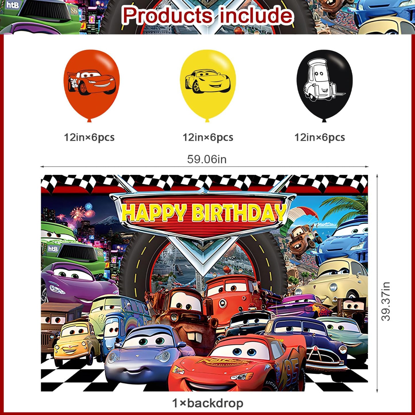 Cartoon Race Car Birthday Party Decoration,Lightning Party Photo Background 5 x 3 FT and 18 Pcs Balloon,Merch Party Backdrop Supplies