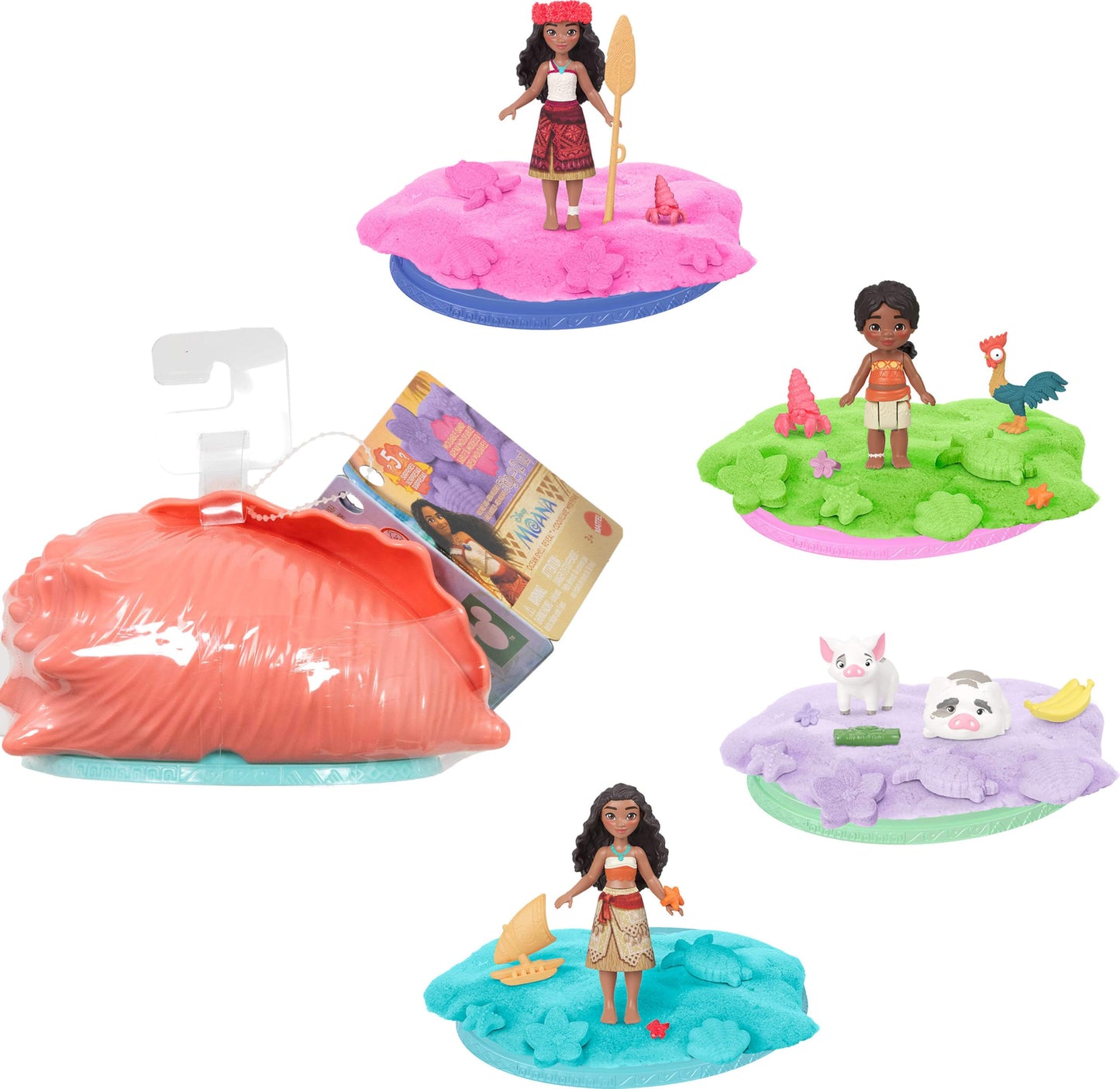 Mattel Disney Moana Surprise Small Doll or Animal Figures with Shell Playset, Moldable Sand & 3 Accessories, Inspired by Movie (Characters May Vary)