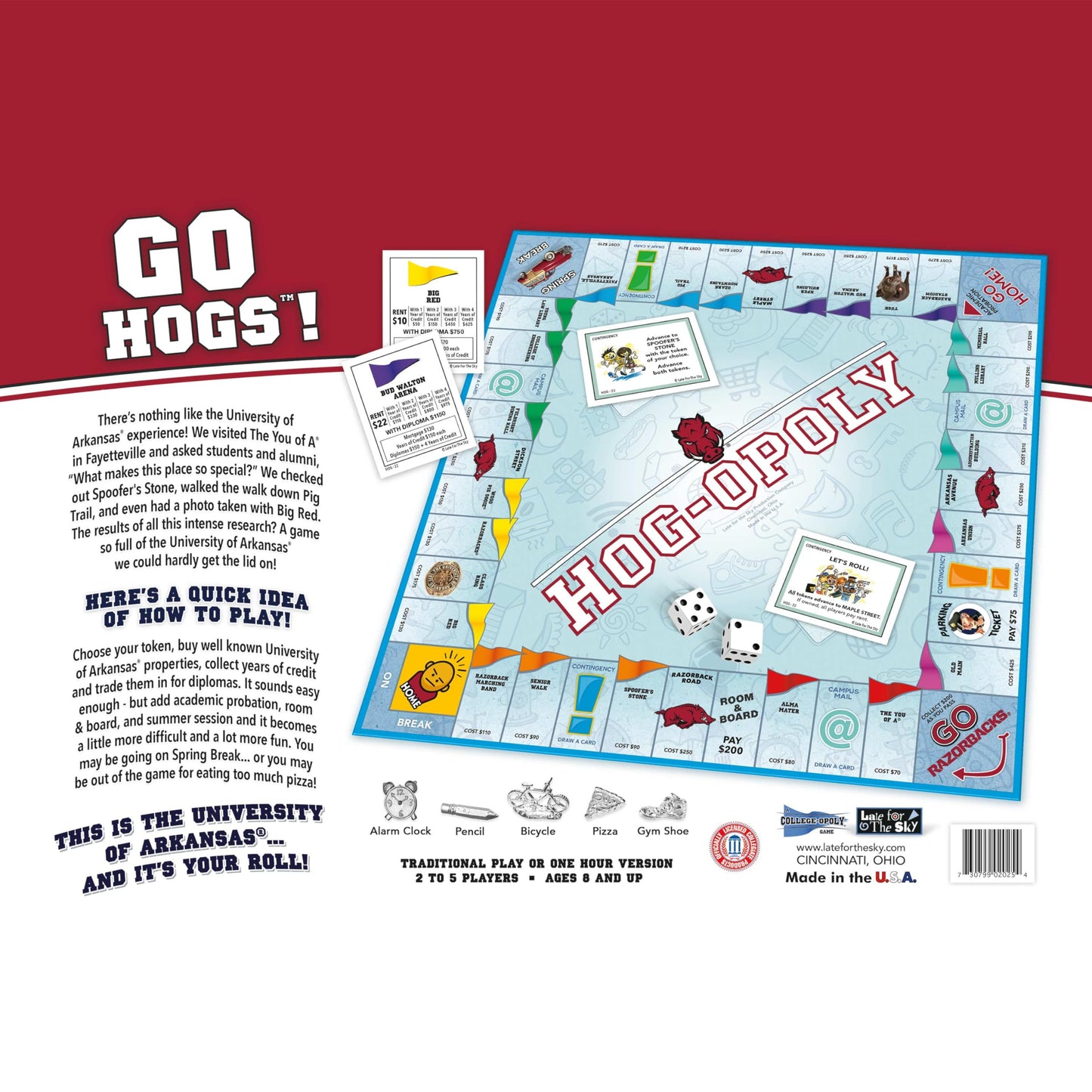 Late for The Sky University of Arkansas Hogopoly Board Game - Razorbacks Campus Edition, Family Strategy Game, Alumni Collectible, 2-6 Players, Ages