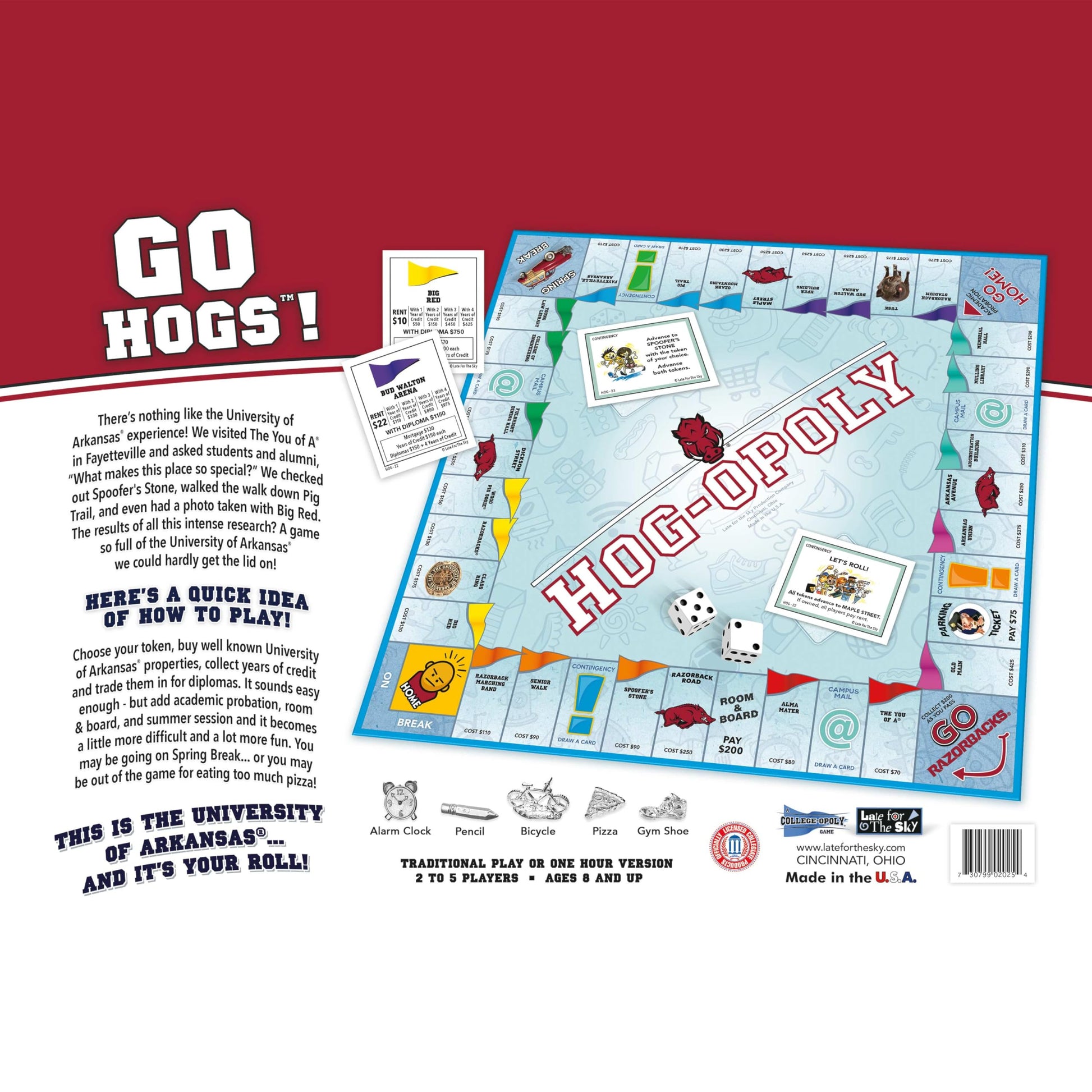 Late for The Sky University of Arkansas Hogopoly Board Game - Razorbacks Campus Edition, Family Strategy Game, Alumni Collectible, 2-6 Players, Ages