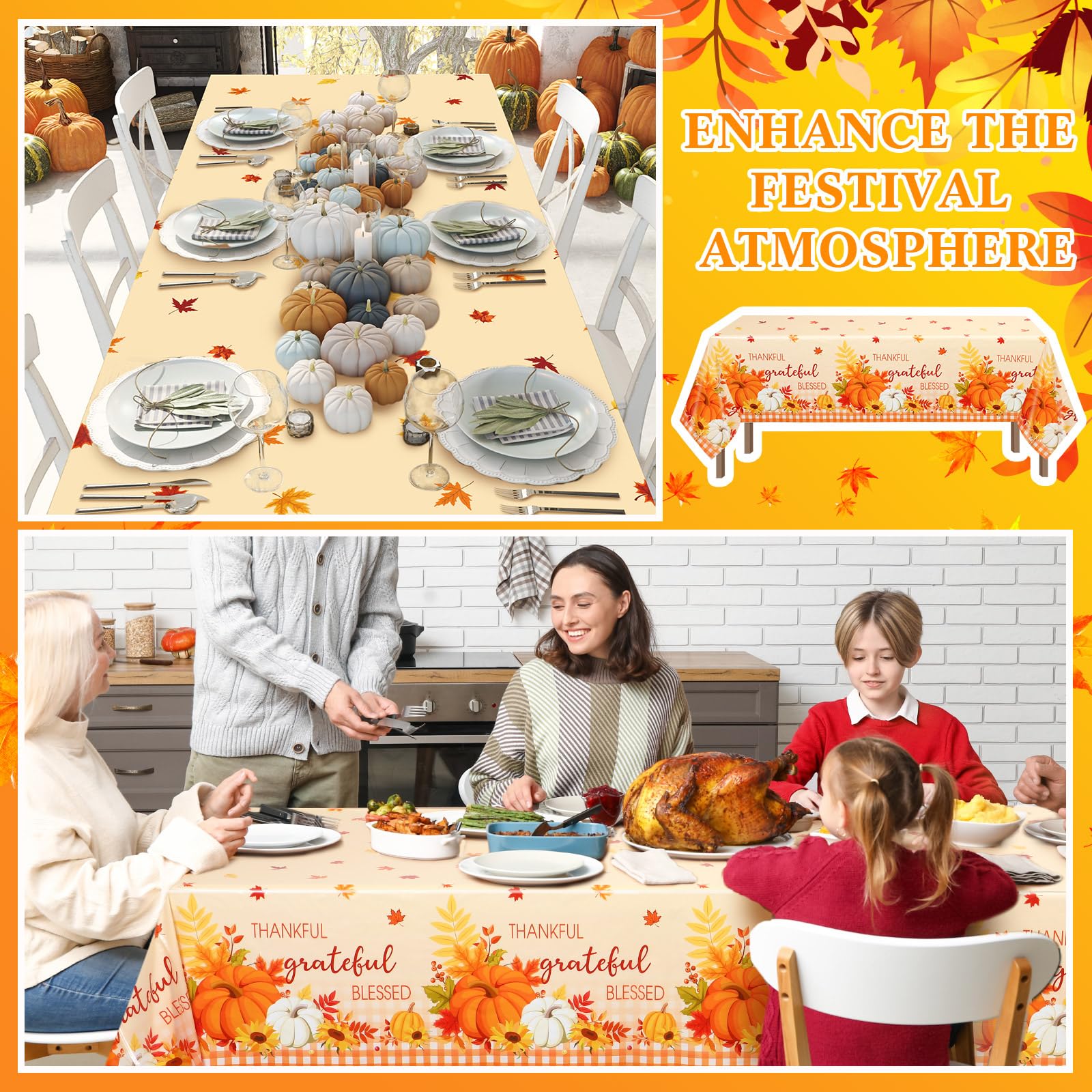 Newwiee 3 Pack Thanksgiving Tablecloth Fall Disposable Plastic Tablecloth 54" x 108" Thanksgiving Friends Giving Decorations, Harvest Party Decor