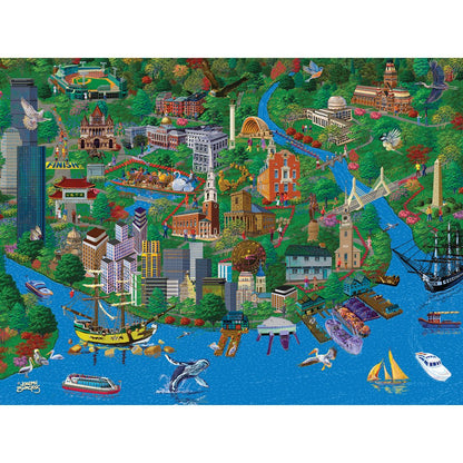 Bits and Pieces - 1000 Piece Jigsaw Puzzle for Adults - Boston City View - Charles River Jigsaw Puzzle by Artist Joseph Burgess, Completed Puzzle