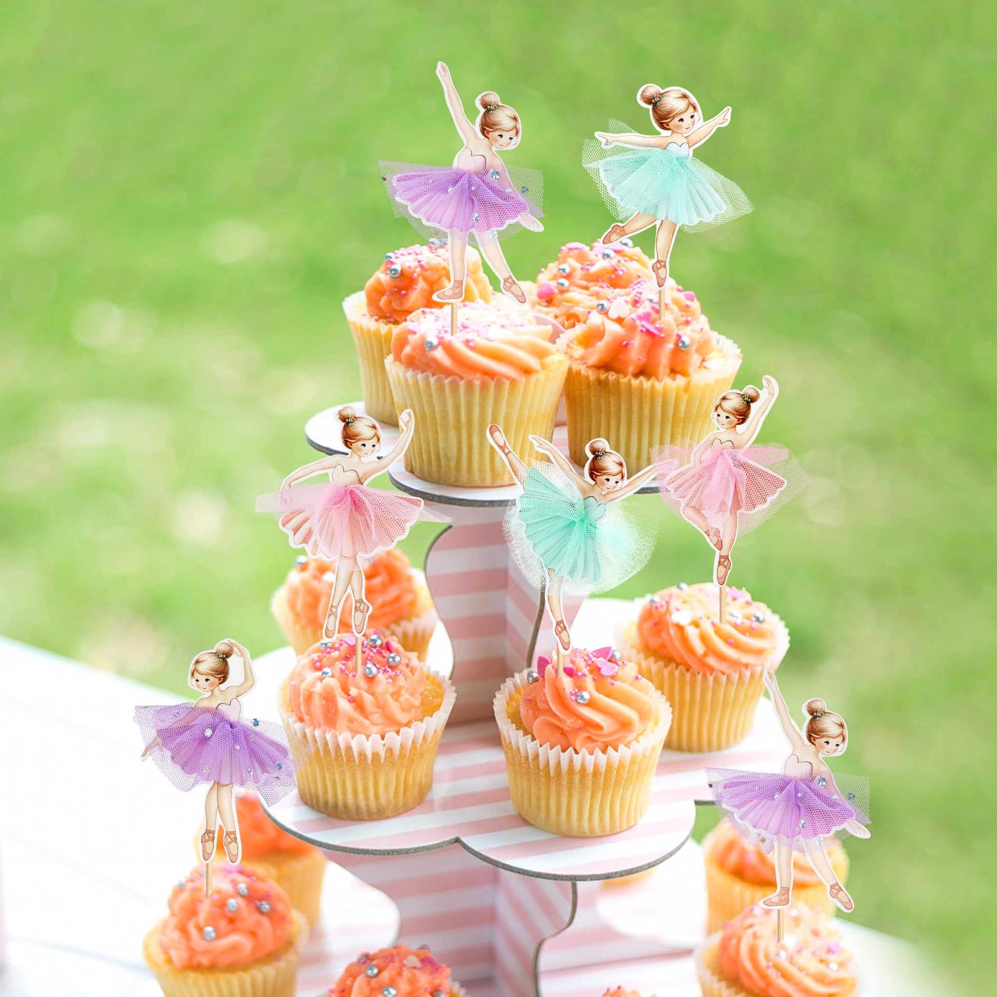24Pcs Ballerina Pink Purple Blue Tutu Skirt Cupcake Toppers Colorful Chiffon Skirt Ballet Girls Cupcake Picks for Baby Shower Girls Ballerina Birthday