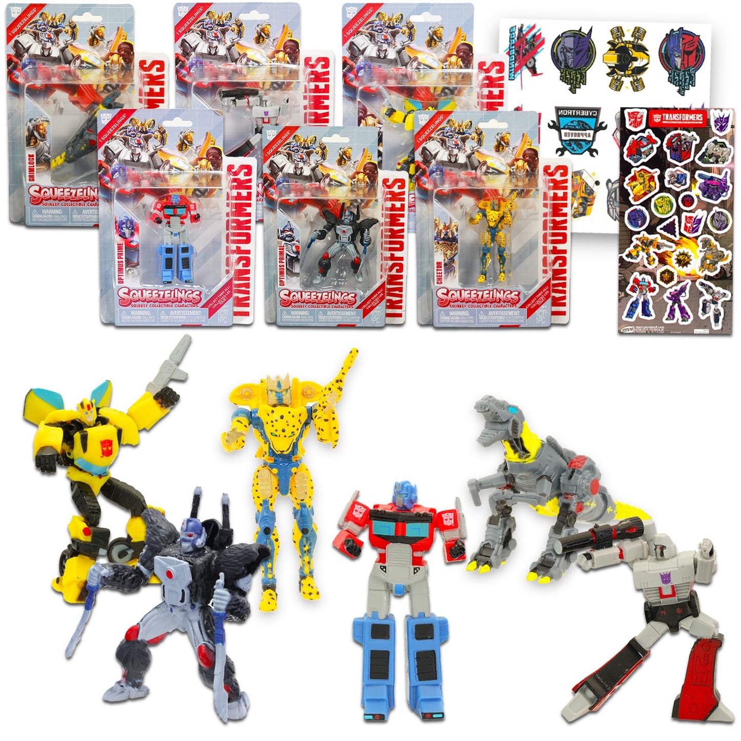 Transformers Mini Figures 6 Pack - Bundle with 4" Squishy Cupcake Topper Action Figurines Plus Stickers, Tattoos | Transformers Party Supplies