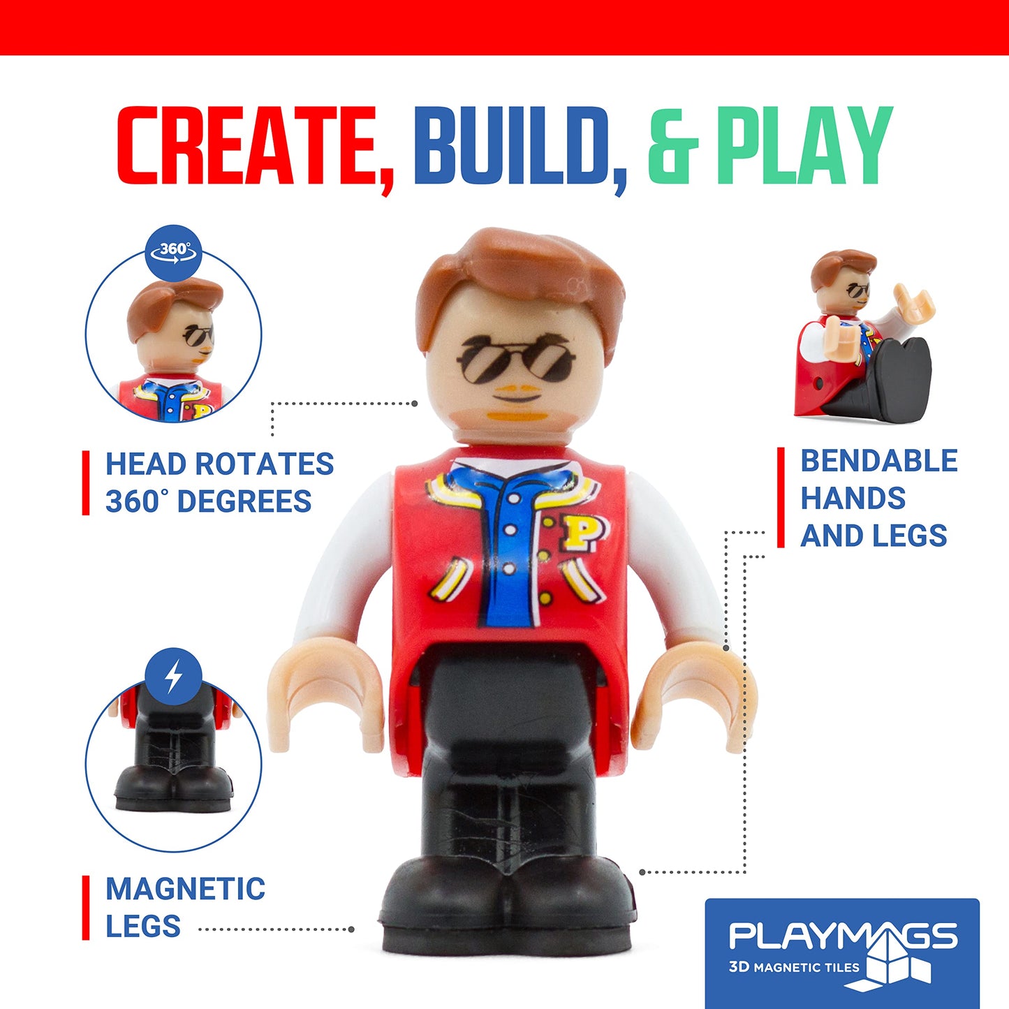Playmags Magnetic Figures Community Set of 15 Pieces - 2 Inches Play People Perfect for Magnetic Tiles Building Blocks - STEM Learning Toys Children