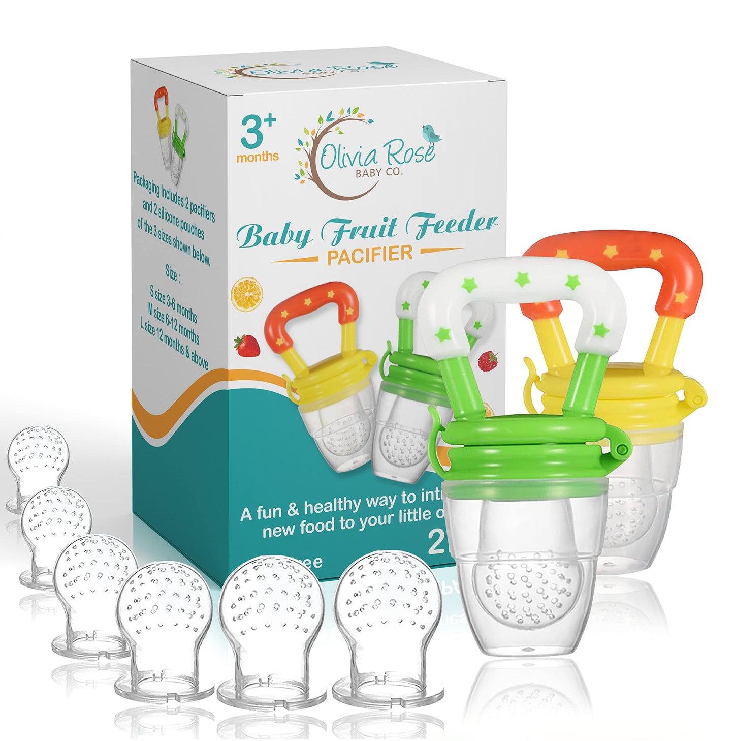 Baby Fruit Feeder Pacifier (2 Pack), Fresh Food Feeding Teether for Toddler, BPA Free, Soothing Gum Relief, Infant Silicone Teething Toy, Includes All