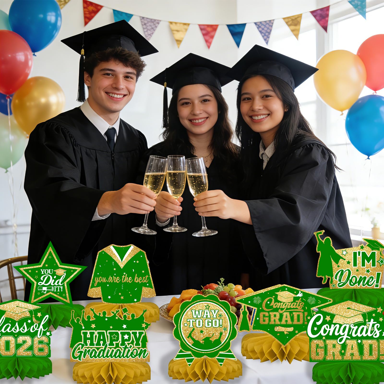Green and Gold 8 Pieces Graduation Table Decorations, Class of 2026 Congrats Grad Honeycomb Centerpieces, GRAD Table Toppers Decor for Graduation