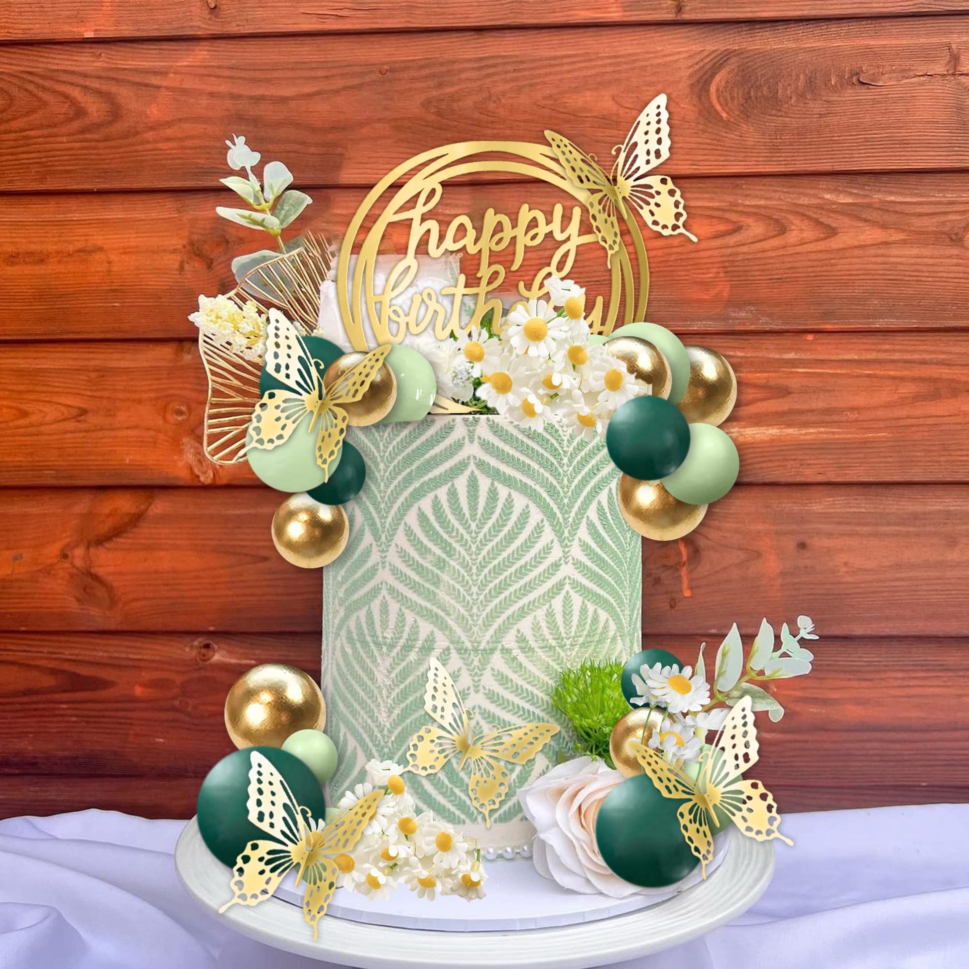 41 PCS Green Balls Cake Topper Butterfly Cake Decorations Happy Birthday Cake Topper for Wedding Flower Themed Birthday Supplies (Green)