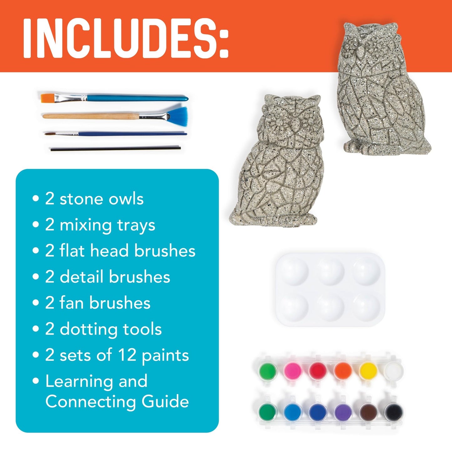 MindWare Two Creative Friendship Owls Stone Décor Painting Craft Kit for Two - Ideal Kids Arts & Crafts Kit for Ages 8 & Up - Learn How to Paint