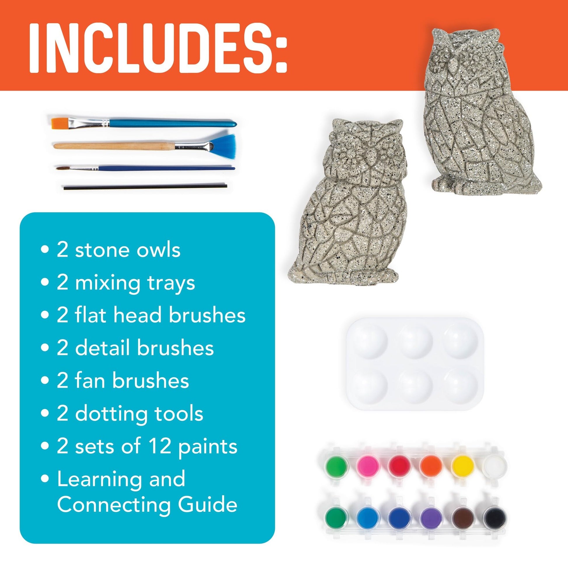 MindWare Two Creative Friendship Owls Stone Décor Painting Craft Kit for Two - Ideal Kids Arts & Crafts Kit for Ages 8 & Up - Learn How to Paint