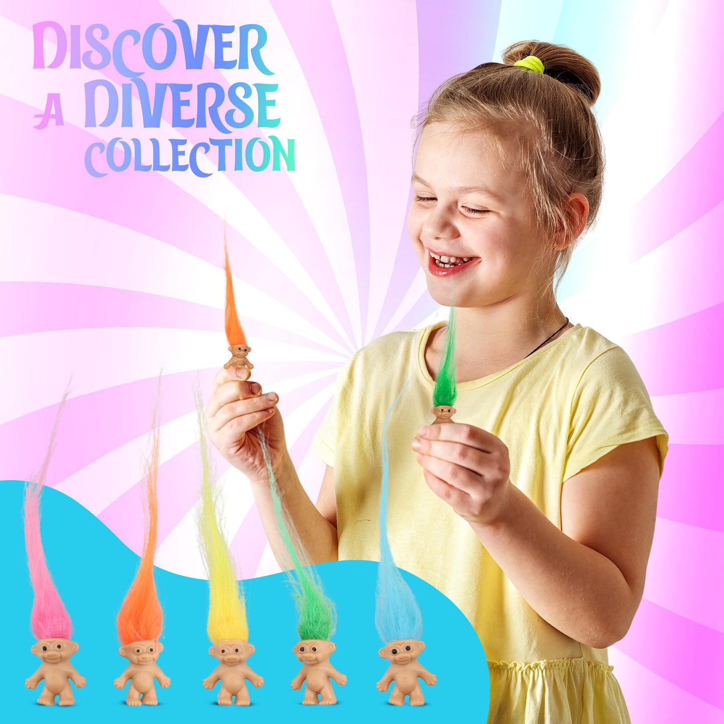 50 Pcs Long-haired Lucky Mini Troll Dolls, Assorted Hair Colors, 0.78" Bodies, 2" Hair. Cake Toppers, Action Figures, School Project, Arts and Crafts