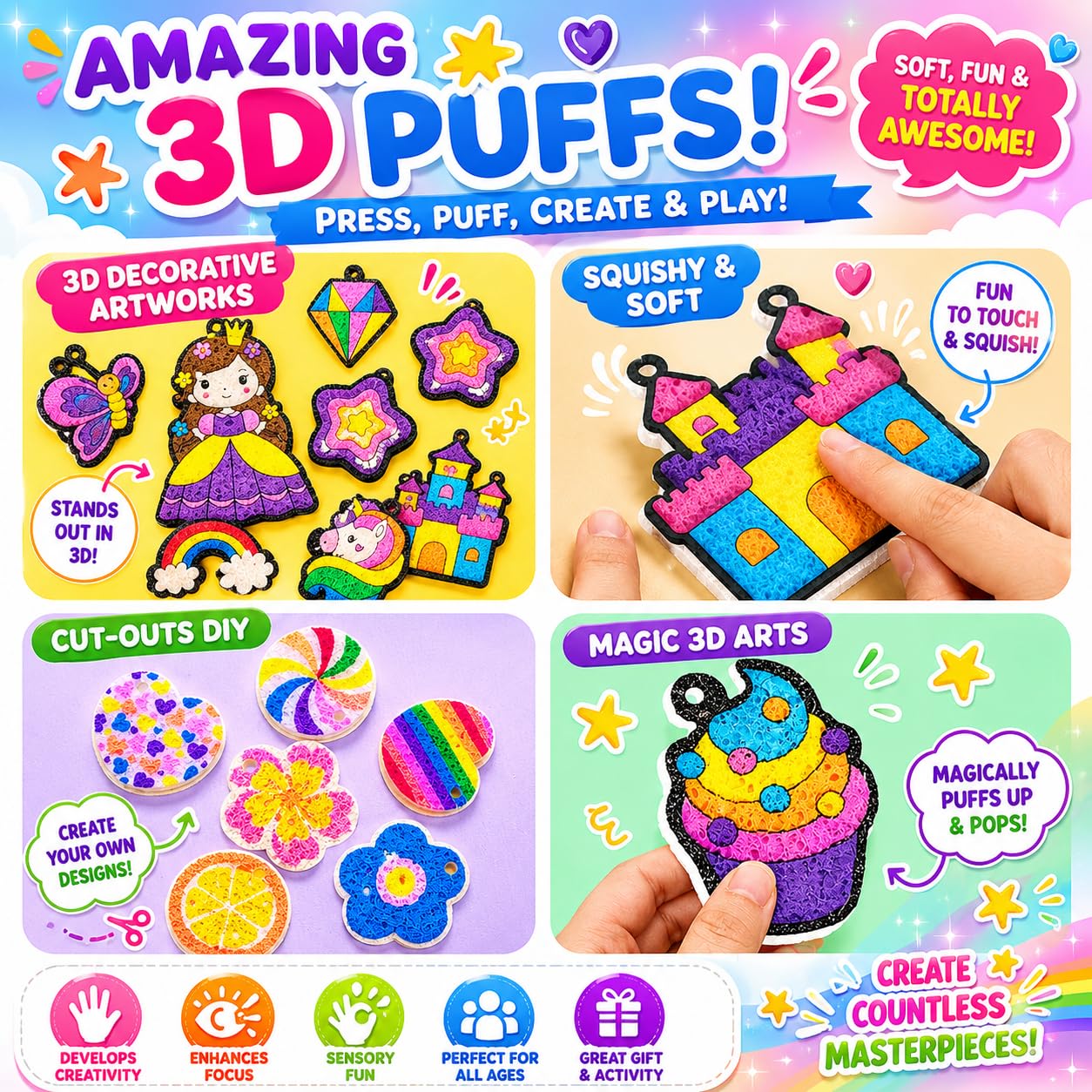 AGENTLAN Magic Puffs 3D Art Kit, Unicorn & Princess Craft kit for Kids 3-8
