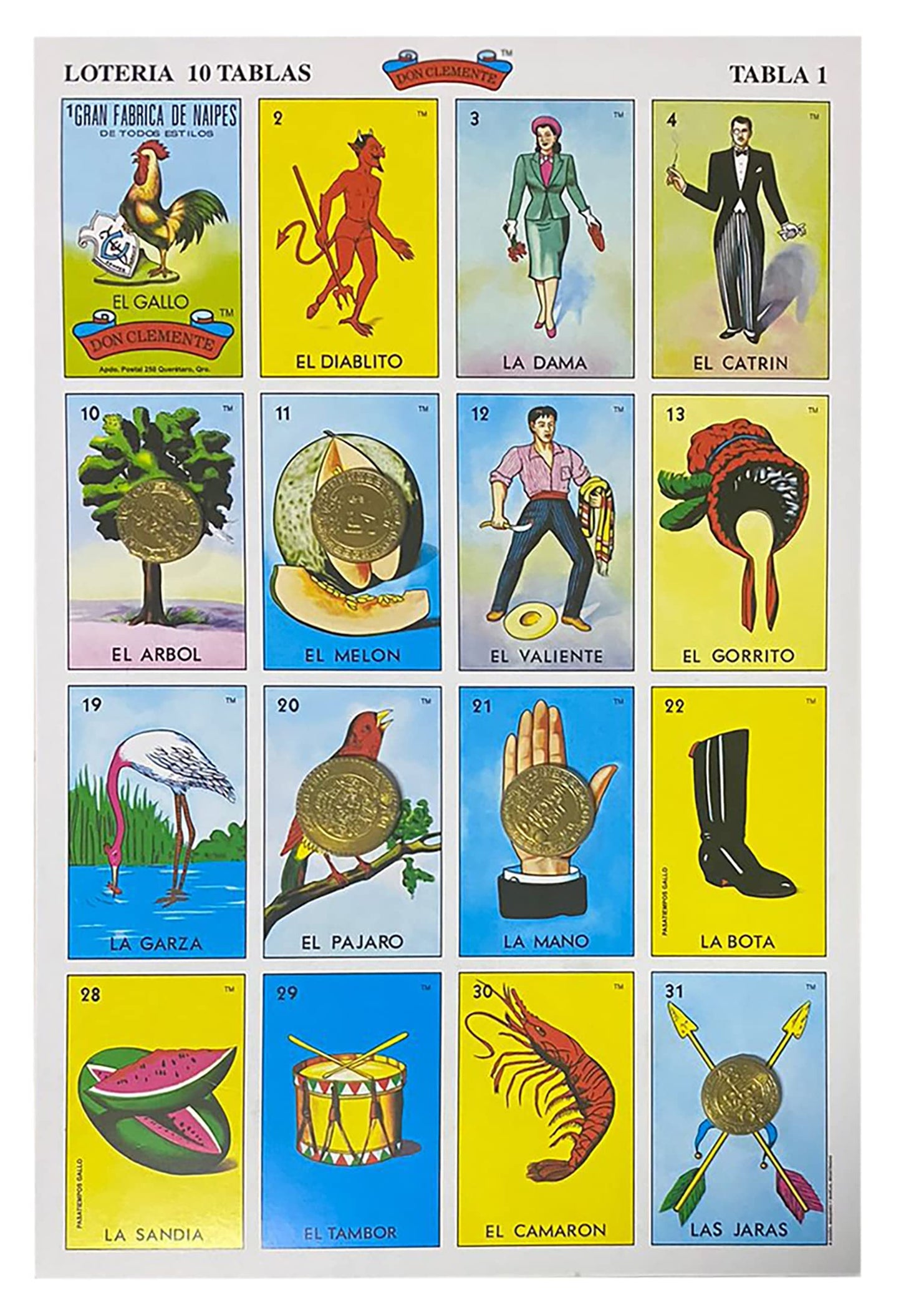 Loteria Mexicana Tradicional Jumbo Don Clemente para 10 Jugadores con 100 Monedas - Jumbo Size Mexican Bingo Set with 100 Counting Chips Plastic Coins
