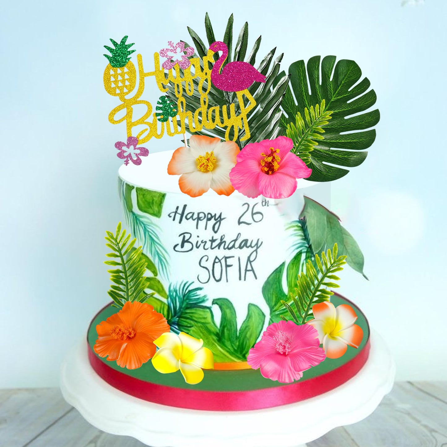 13 PCS Hawaiian Flower Cake Toppers Summer Cake Decoration with Palm Leaves and Hibiscus Flower for Hawaiian Aloha Flamingo Themed Birthday Supplies