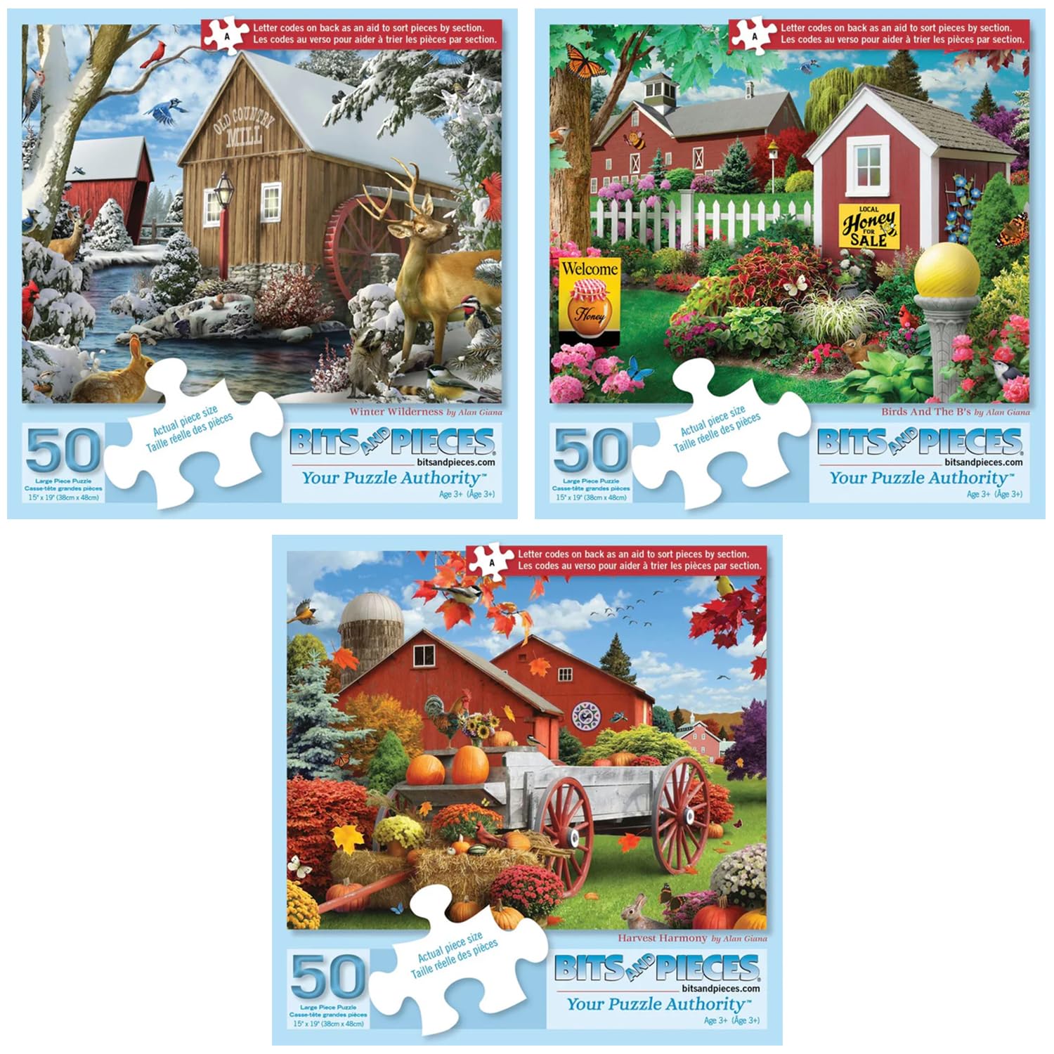 Bits and Pieces 50 Piece Puzzles for Adults - Alan Giana 3-Pack - 50 Extra Large Pieces 15" x 19" Jigsaw Puzzles, Rustic Country Scenes, No 2 Pieces