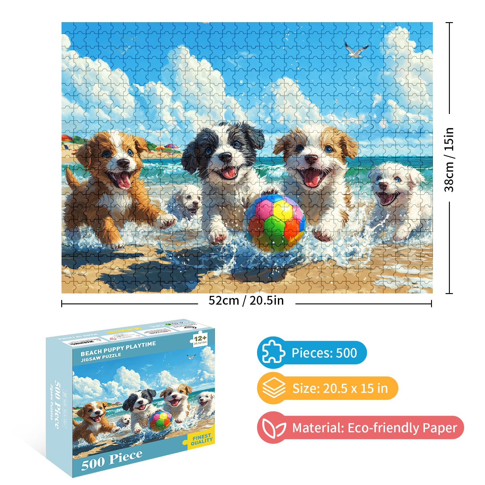 500 Piece Jigsaw Puzzle for Adults, Cute Puppies Playing on Beach with Colorful Ball and Ocean View, Summer Dog Puzzle for Family Game Night and Home