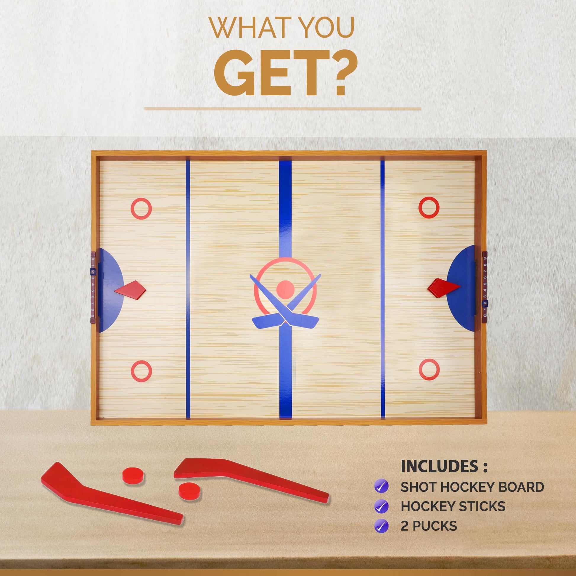 Point Games Tabletop Slap Shot Hockey Game - Super Durable Large Wooden Board With 2 Sticks and Pucks - Great Family Game for Ages 5+
