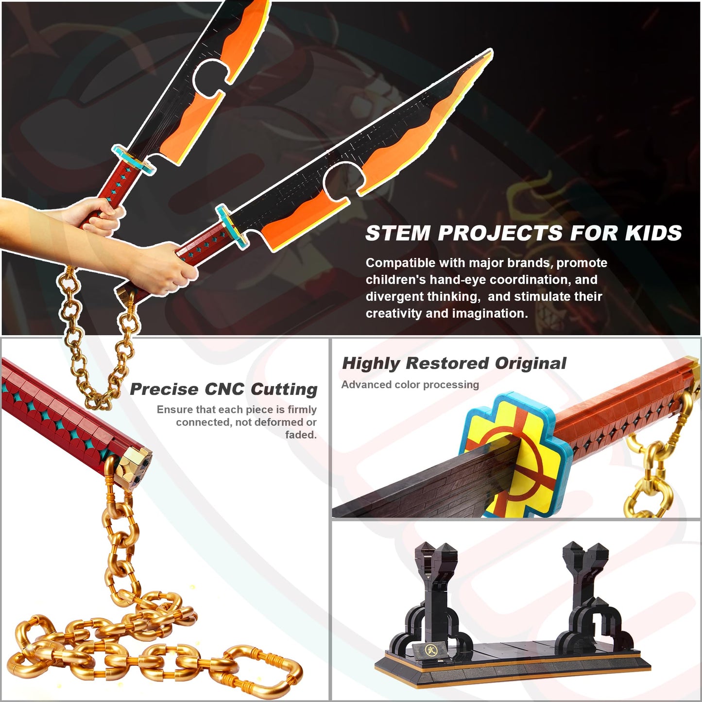 Jorumo Sword Building Set, 82in Double Blade Tengen Uzui Sword Building Block with Stand, Handmade Cosplay Anime Sword Toy Building Set for Collecting