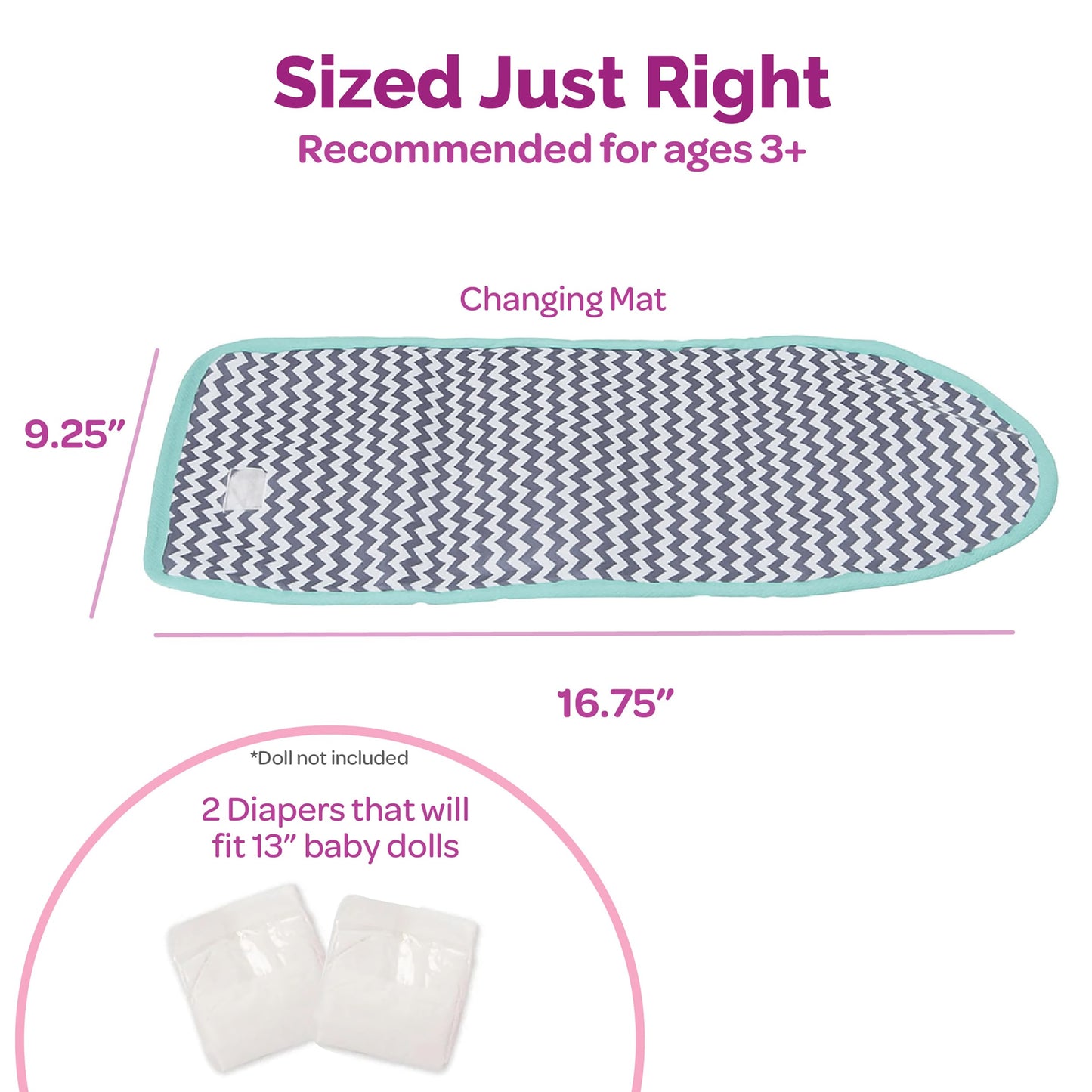 Adora Baby Doll Diaper Bag with Sturdy Straps, Includes Changing Mat and 2 Doll Diapers (Fits 13" Dolls), for Ages 3+ - Zig Zag Print