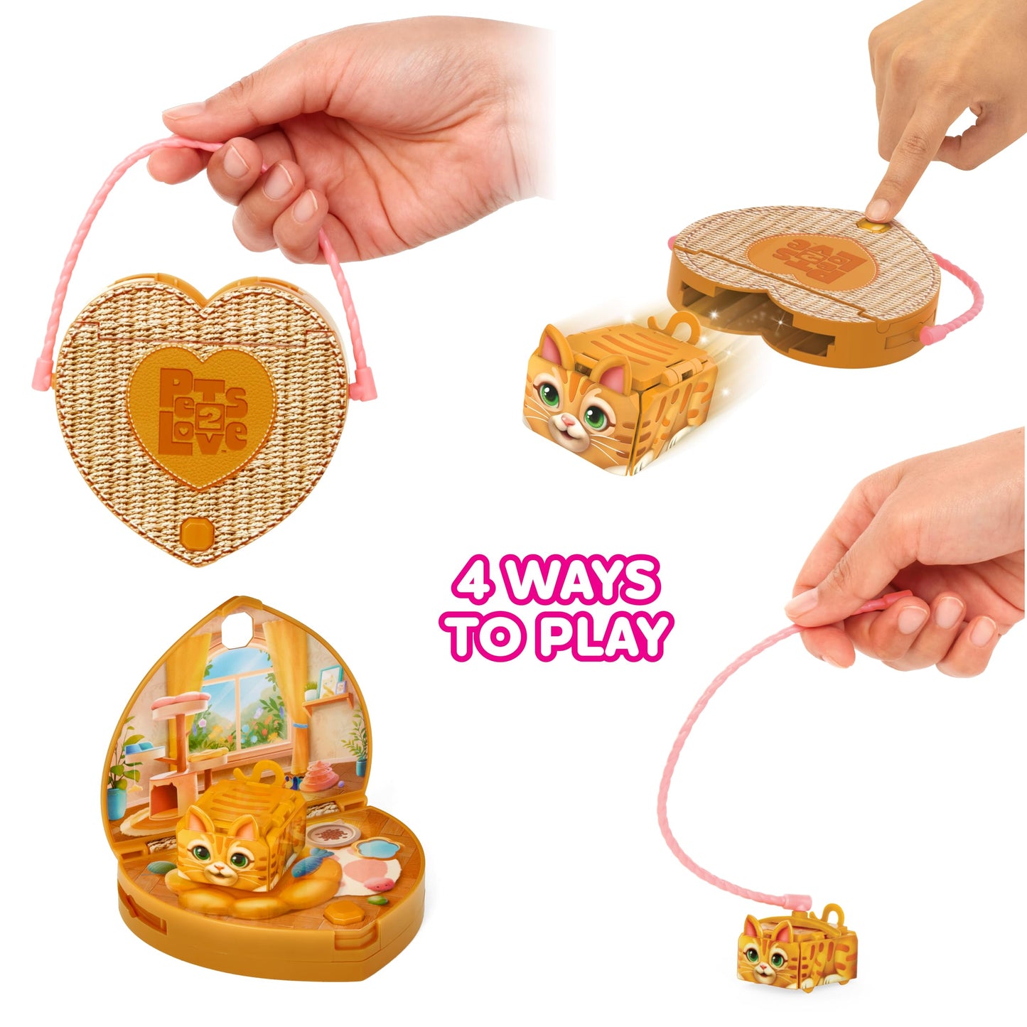 Pets 2 Love Olive The Cat Toy Pet with Heart-Shaped Animal Purse, Includes Miniature Carrier & Leash, Compact and Travel Friendly, 3-in-1 Interactive