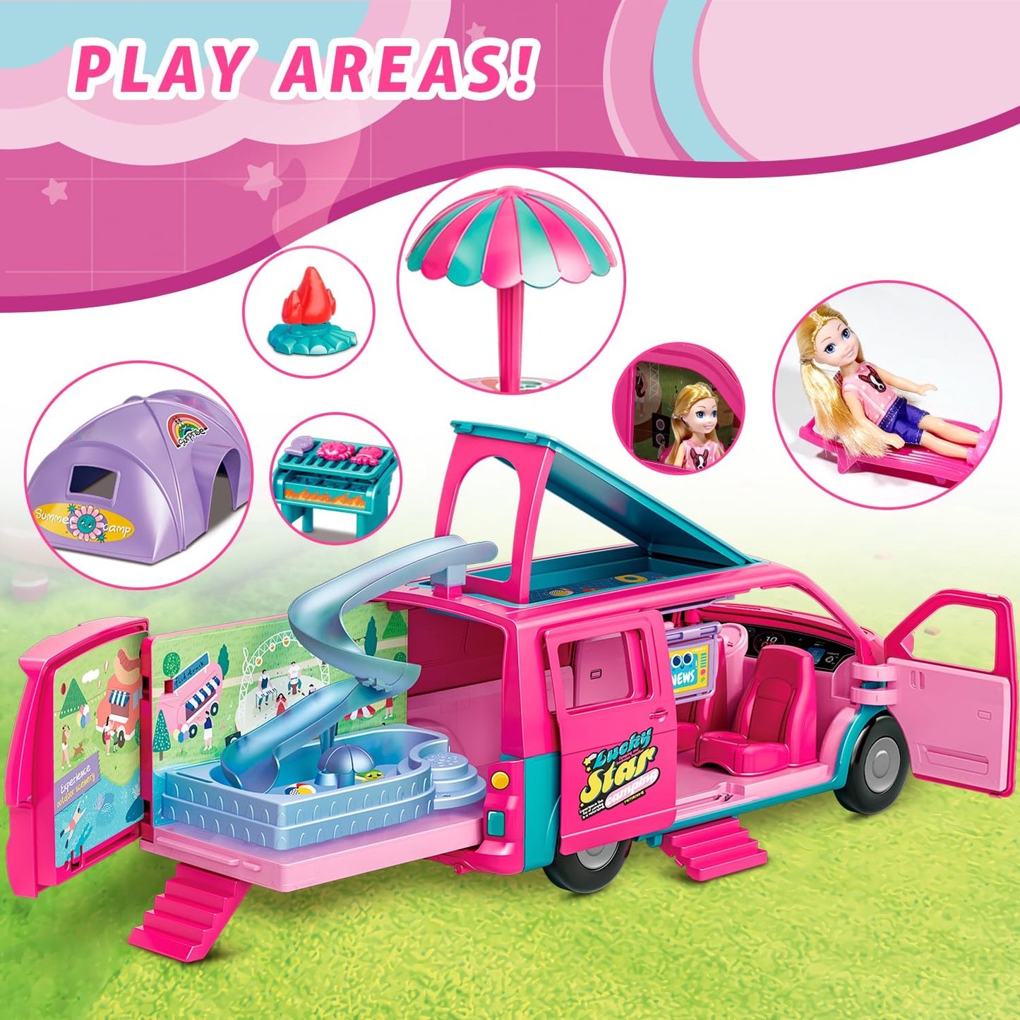 Dollhouse Camping RV Playset for Girls - Kids Camper Van Toy with Slide, Pool, Tent, BBQ Grill & Doll Accessories - Pretend Play Outdoor Adventure Toy