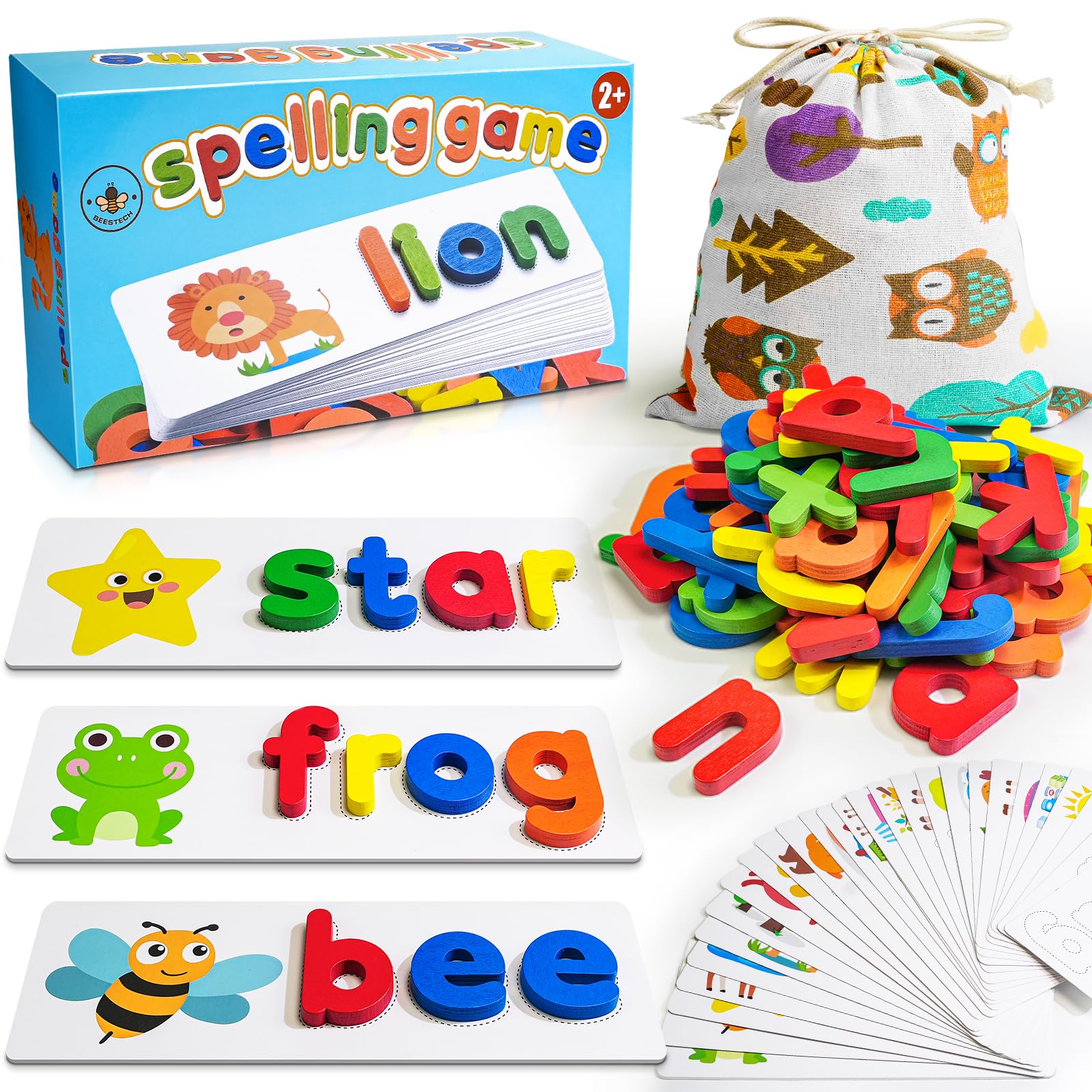 BEESTECH Alphabet ABC Learning Educational Toys for 3 4 5 Years Old Boys Girls, Wooden Puzzle Flash Cards Preschool Activity Letter Matching Games