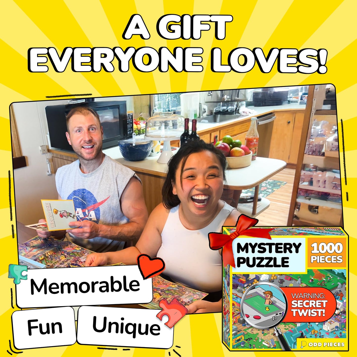 Odd Pieces Jigsaw Puzzles 1000 Pieces with Storytelling Comics, for Women, White Elephant, Mystery Puzzle for Adults & Kids - 19.7'' x 27.6''