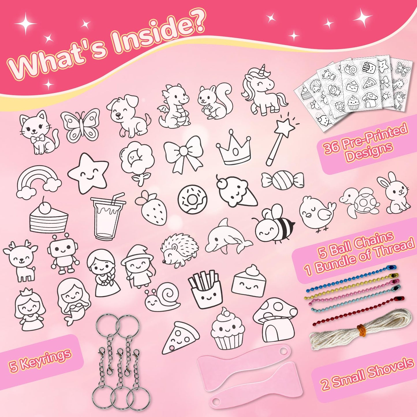 NewFamily 51Pcs Shrink Art Kit for Kids, 36 Pre-Cut Shrink Plastic Charms with 15 Charm Accessories, No-Mess DIY Jewelry Making Craft Set for Girls