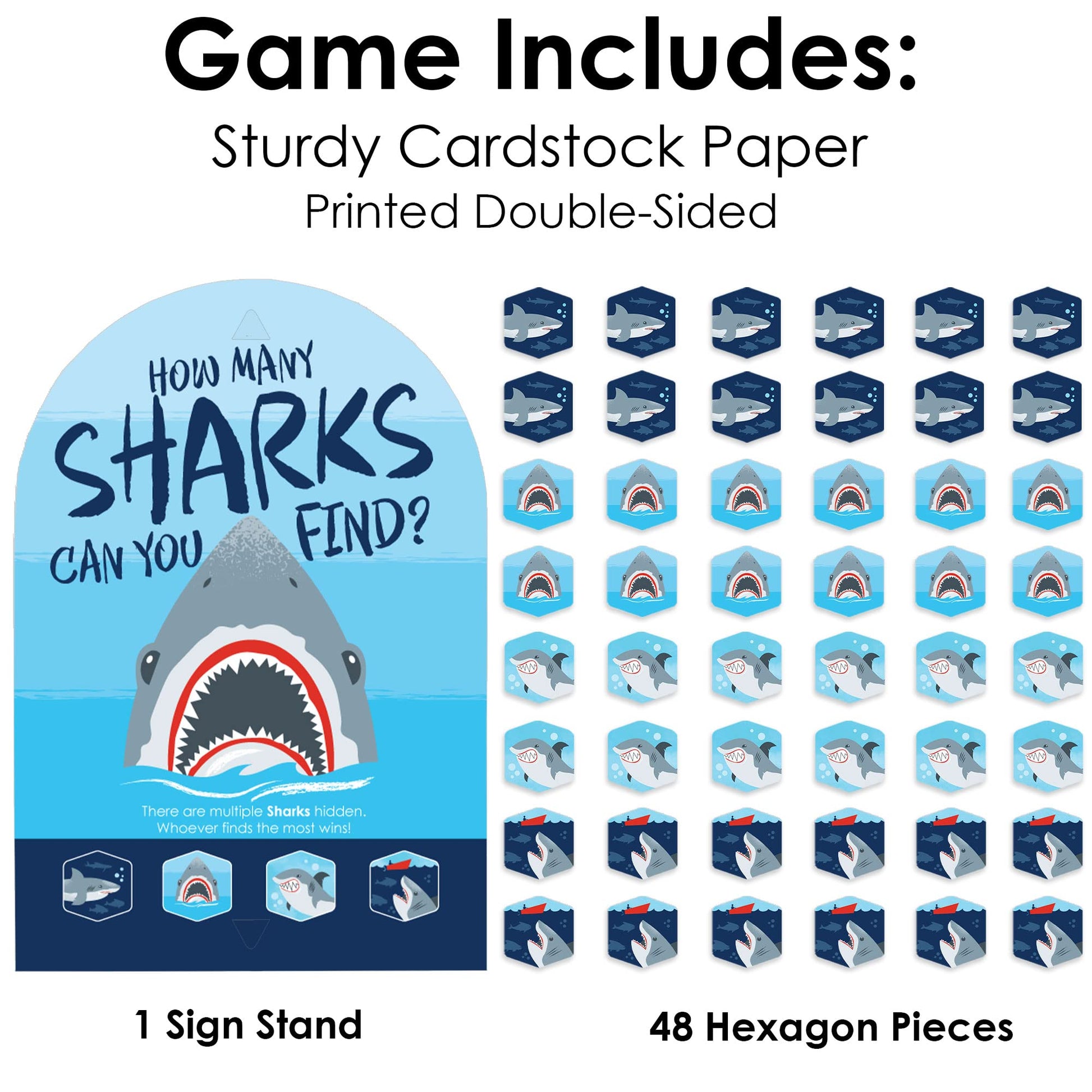 Big Dot of Happiness Shark Zone - Jawsome Shark Party or Birthday Party Scavenger Hunt - 1 Stand and 48 Game Pieces - Hide and Find Game