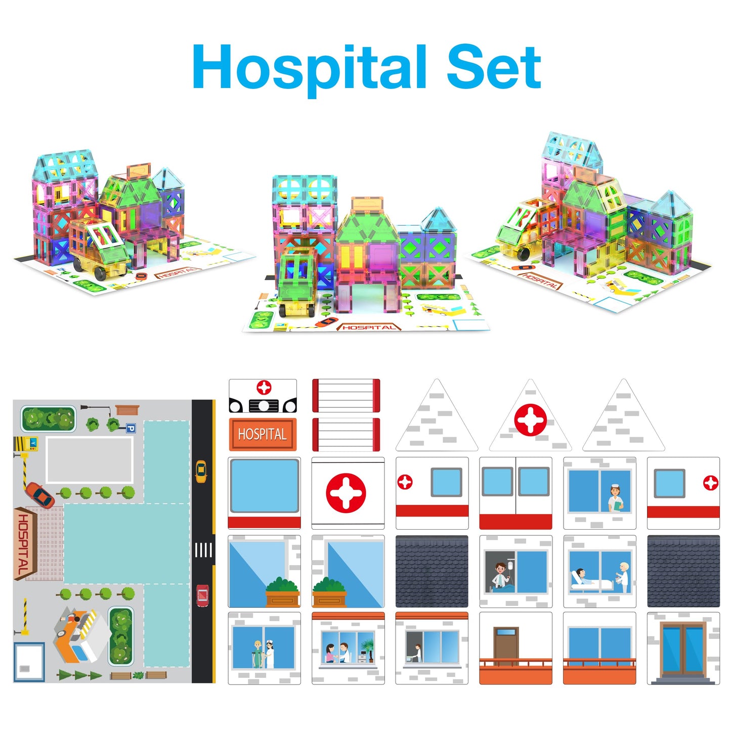 PicassoTiles 3-in-1 Theme Set School Hospital Police Station Magnet Self Adhesive Backing Stick-On Sheet Combo w/Car Magnet Building Block Playset