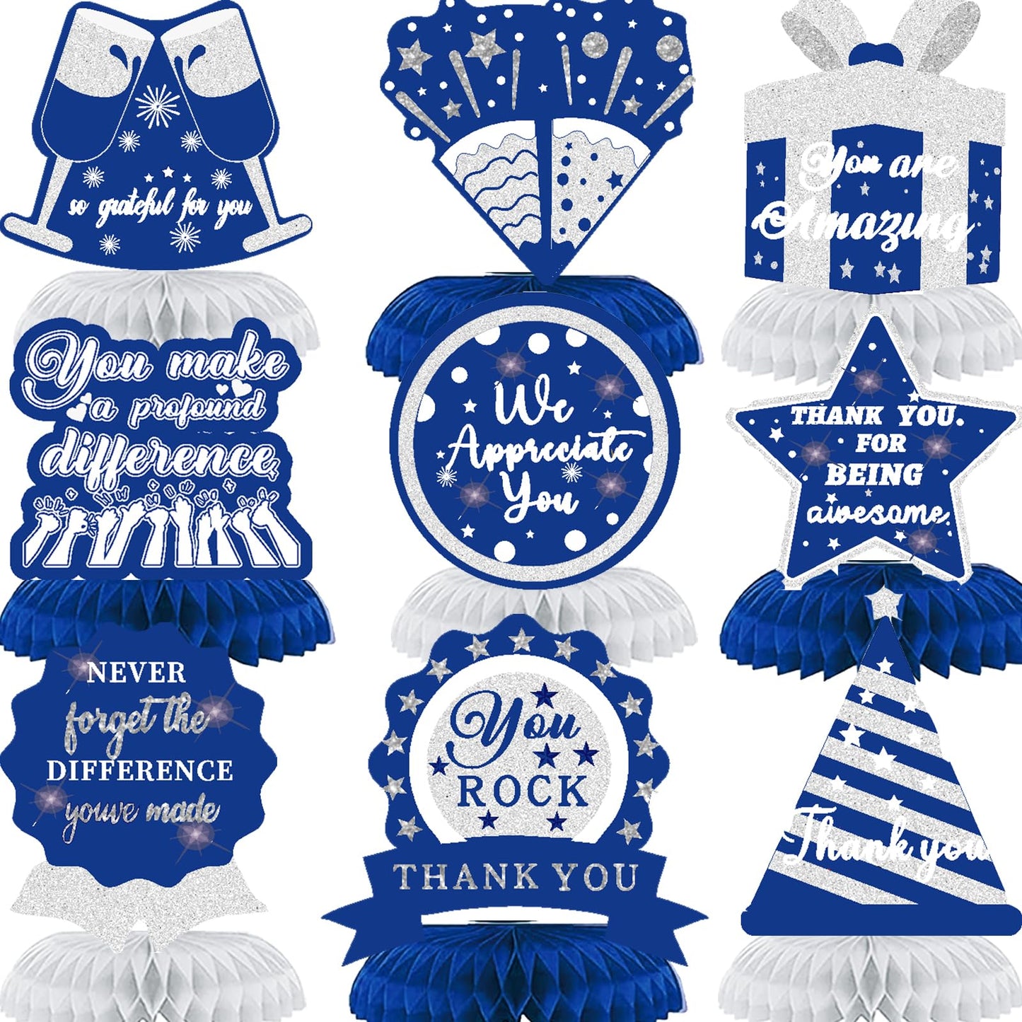 9PCS We Appreciate You Honeycomb Centerpieces Blue Silver Glitter Thank You Table Centerpieces Table Topper Decor Teacher Doctor Nurse Employee Staff