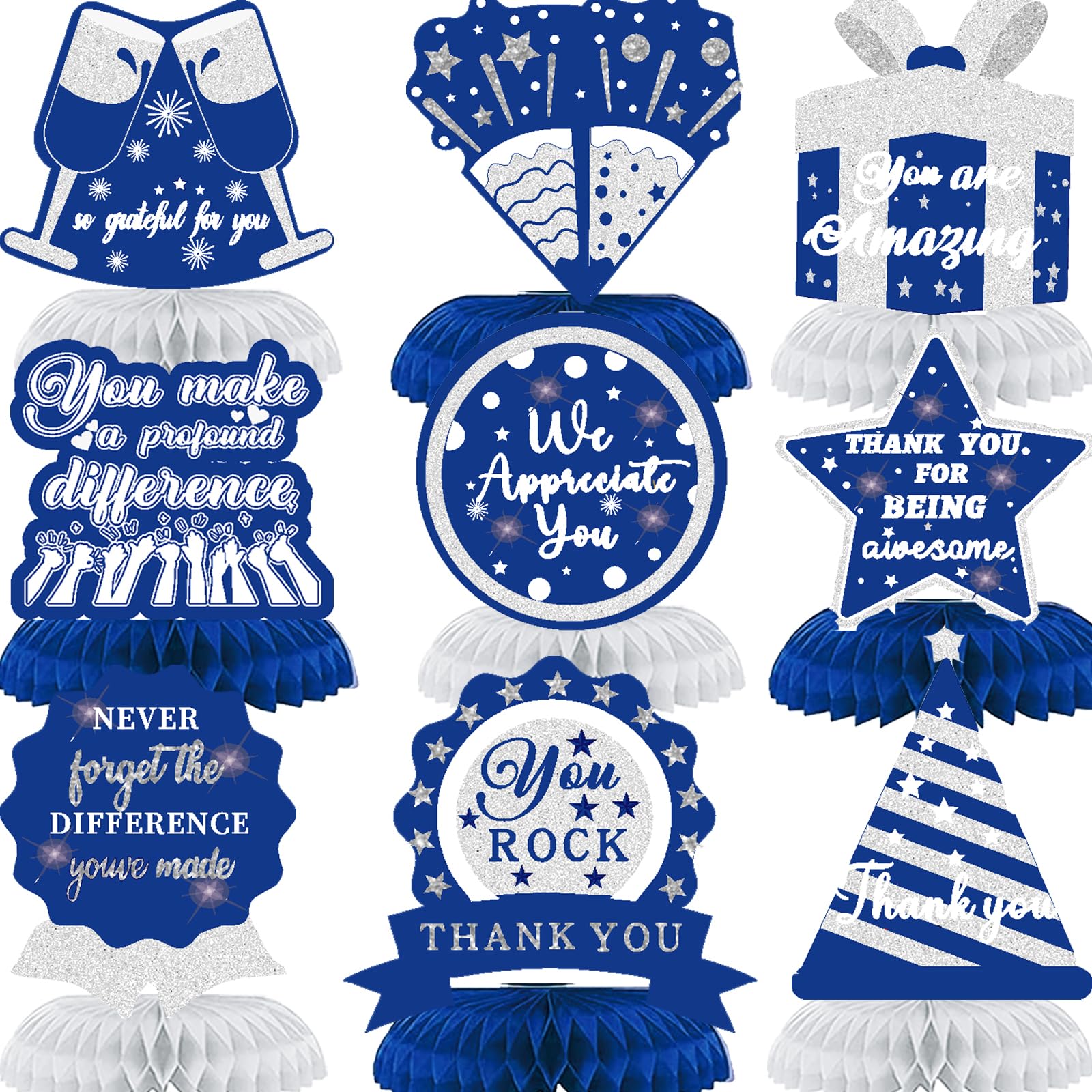 9PCS We Appreciate You Honeycomb Centerpieces Blue Silver Glitter Thank You Table Centerpieces Table Topper Decor Teacher Doctor Nurse Employee Staff