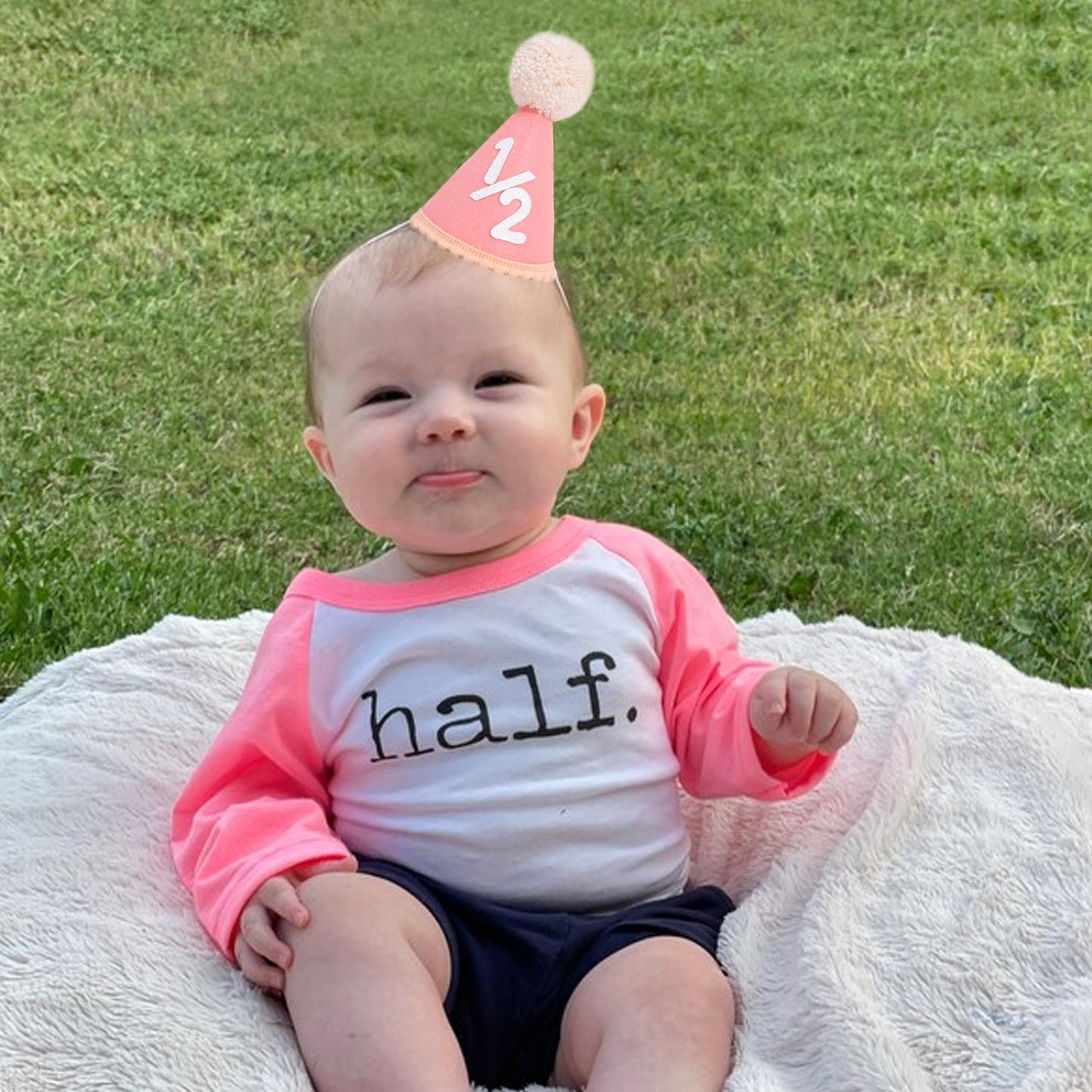 SYESQL Baby Half Birthday Cone Hat - Baby 1/2 Birthday Hat, Six Months Party Hat Outfit, Half Way to One Party Supplies (1/2 Cone Hat Pink)