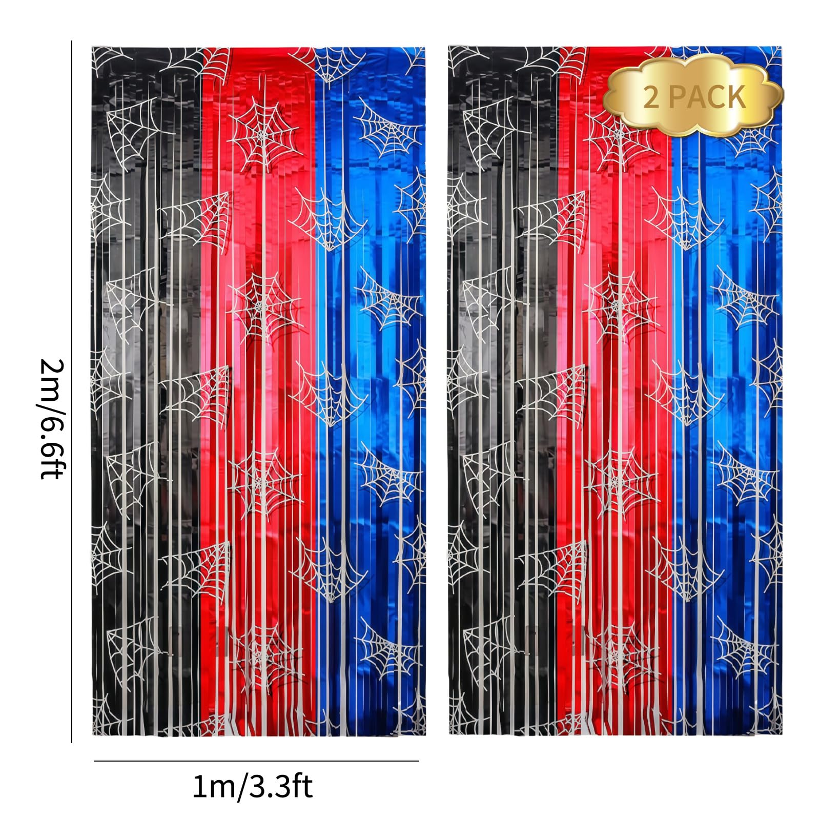 XSCSFWEQR 2 Pack 3.3 Ft x 6.6 Ft Spider Web Red Black Blue Metallic Tinsel Foil Fringe Curtains Shimmering Streamers Backdrop Photo Props for Spider