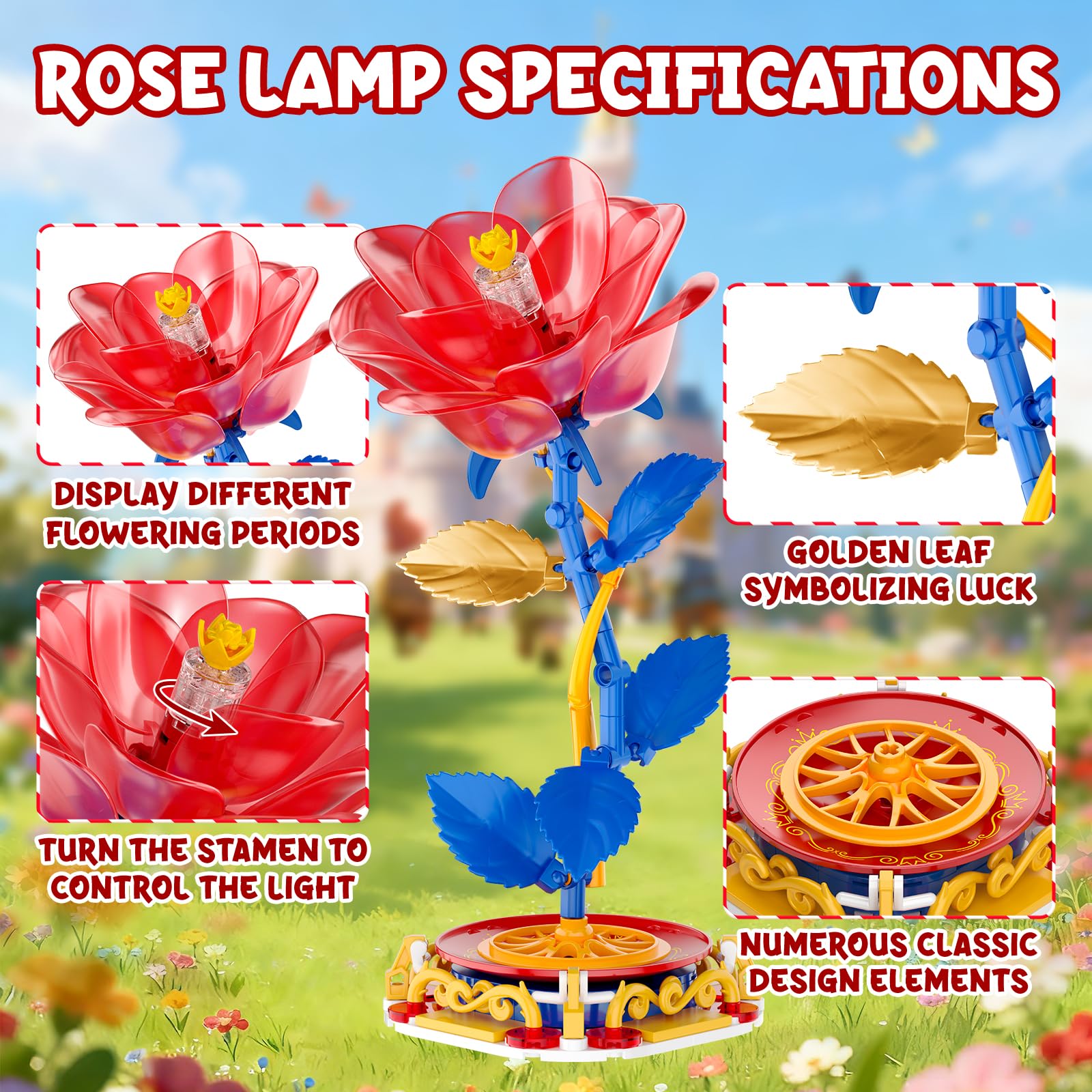 Rose Table Lamp Building Set with Light. Princess Flower-Shaped Building Kits. Creative Home Decoration & Artificial Flower Night Light, Valentines