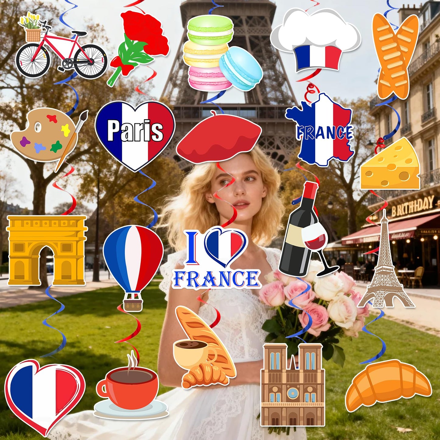 40 Pcs French Hanging Swirls Paris Themed Party Decorations Paris Birthday Party Decorations Eiffel Yower Ceiling Hanging Decor for Bastille Day