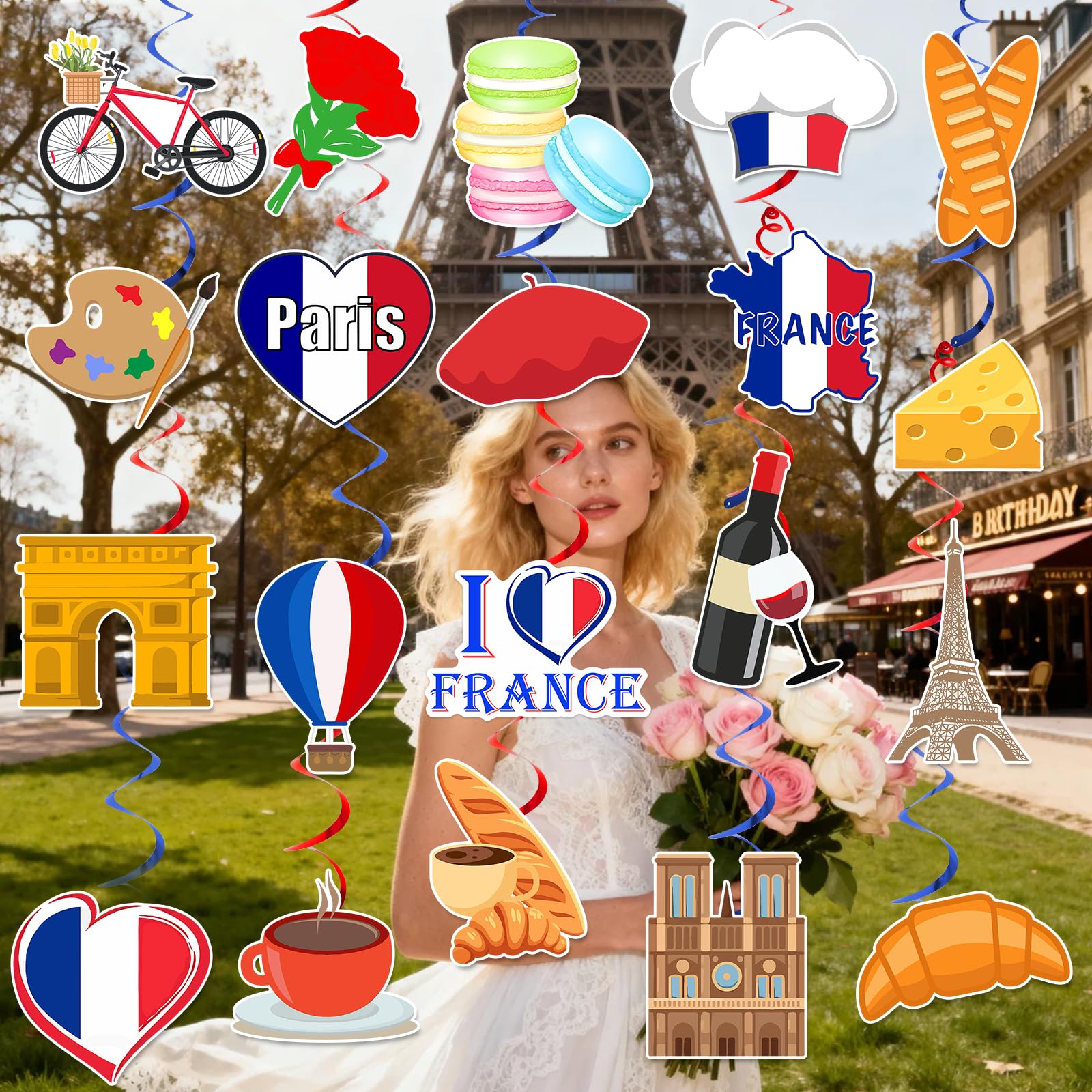 40 Pcs French Hanging Swirls Paris Themed Party Decorations Paris Birthday Party Decorations Eiffel Yower Ceiling Hanging Decor for Bastille Day