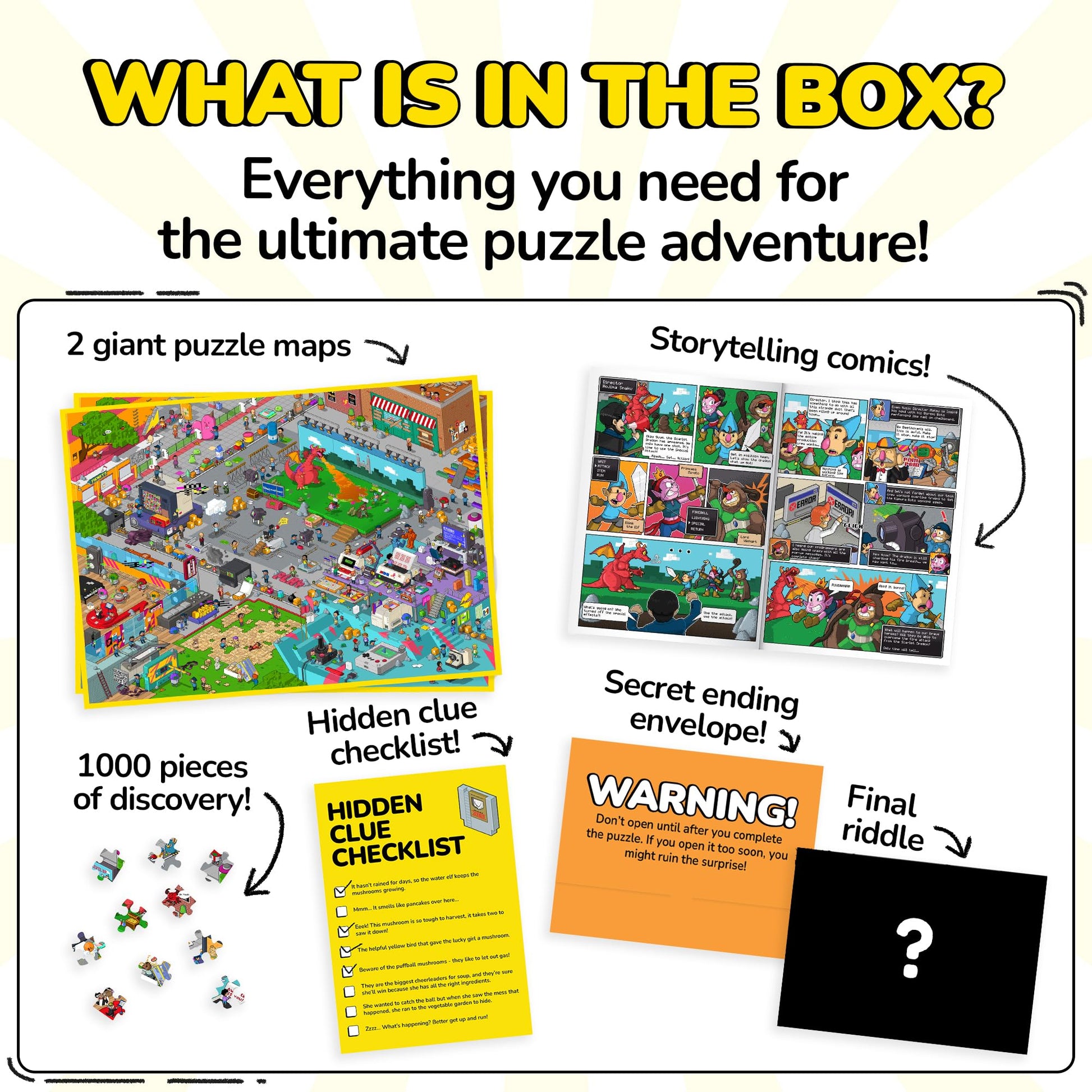 Odd Pieces Jigsaw Puzzles 1000 Pieces with Storytelling Comics, for Women, White Elephant, Mystery Puzzle for Adults & Kids - 19.7'' x 27.6''