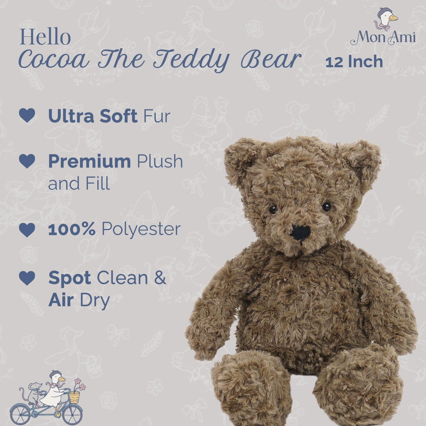 MON AMI Cocoa The Teddy Bear Stuffed Animal - 12" Brown, Teddy Bear Plush, Cute Plushies for Kids of All Ages