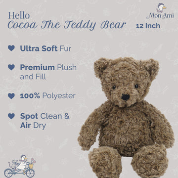 MON AMI Cocoa The Teddy Bear Stuffed Animal - 12" Brown, Teddy Bear Plush, Cute Plushies for Kids of All Ages